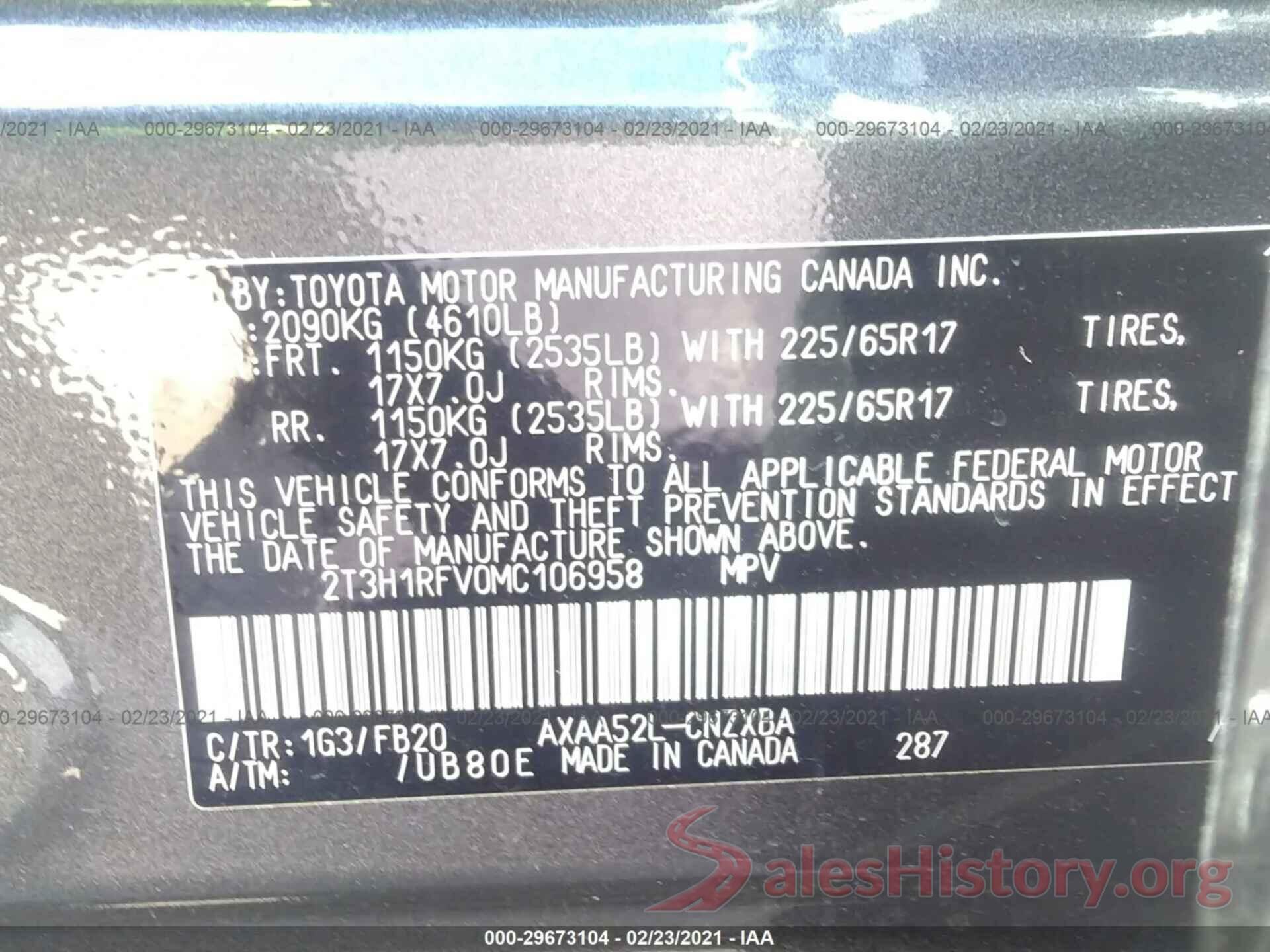 2T3H1RFV0MC106958 2021 TOYOTA RAV4