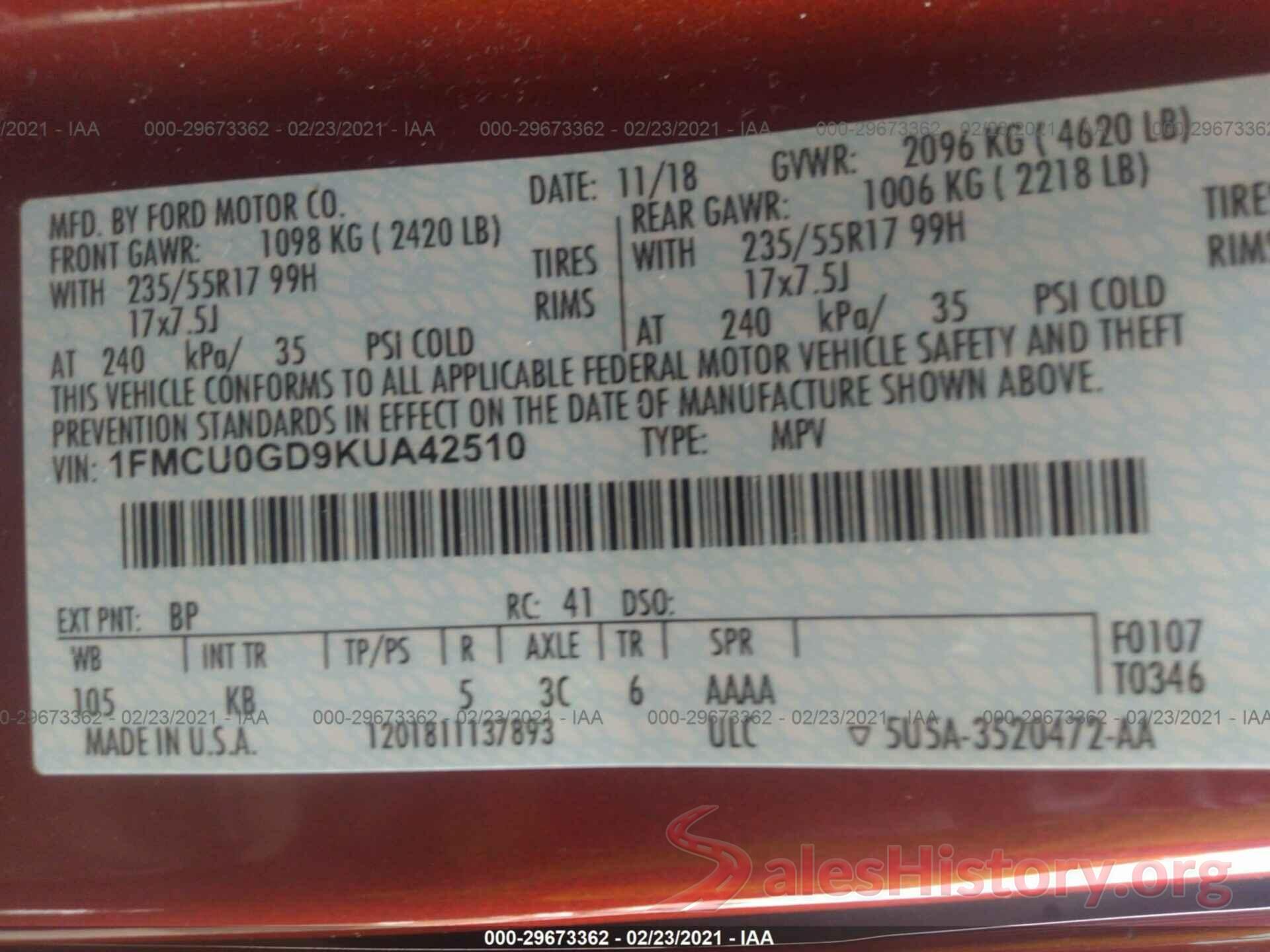 1FMCU0GD9KUA42510 2019 FORD ESCAPE