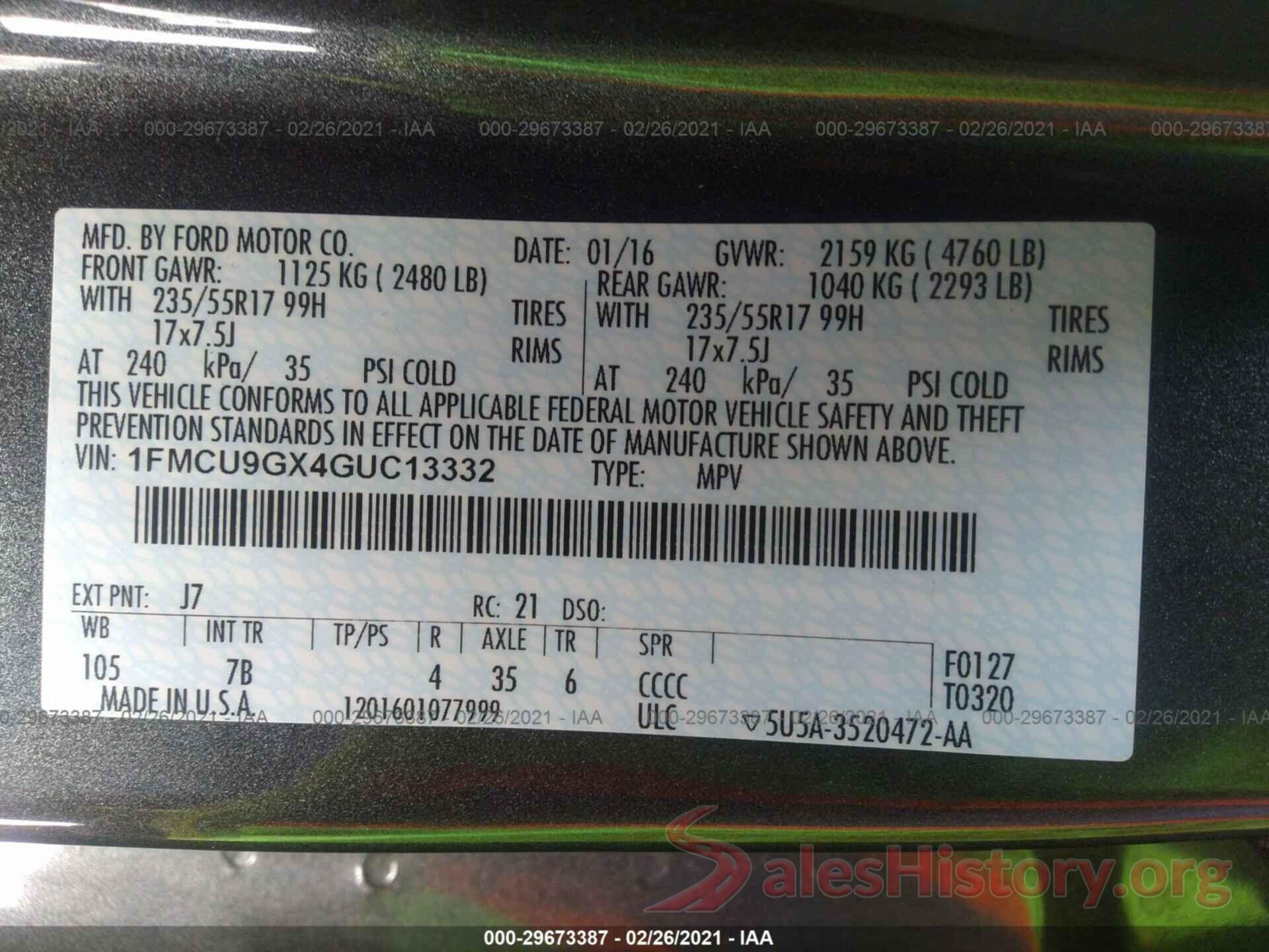 1FMCU9GX4GUC13332 2016 FORD ESCAPE