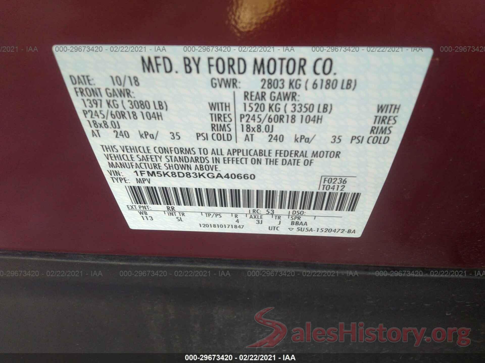 1FM5K8D83KGA40660 2019 FORD EXPLORER