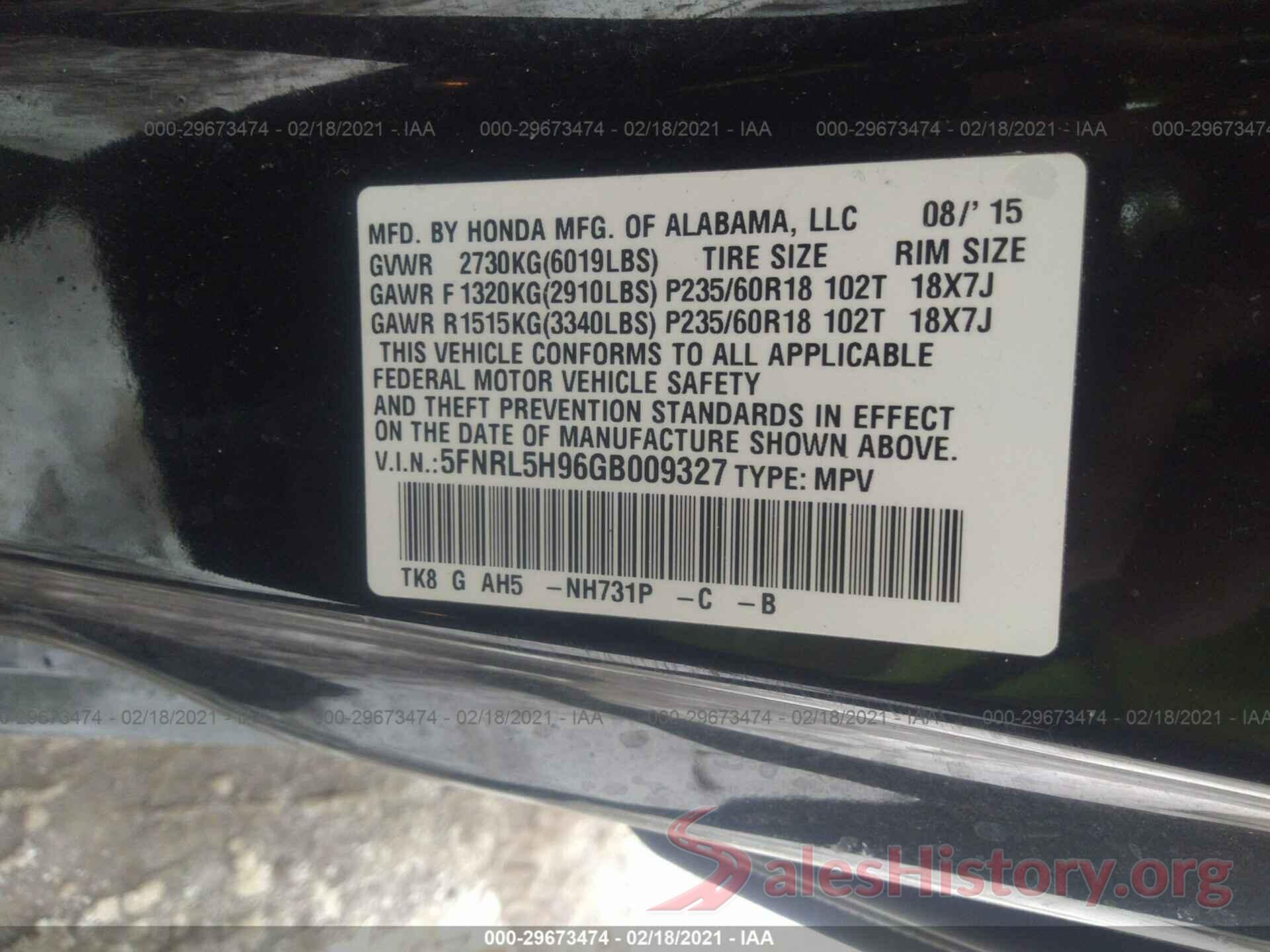 5FNRL5H96GB009327 2016 HONDA ODYSSEY