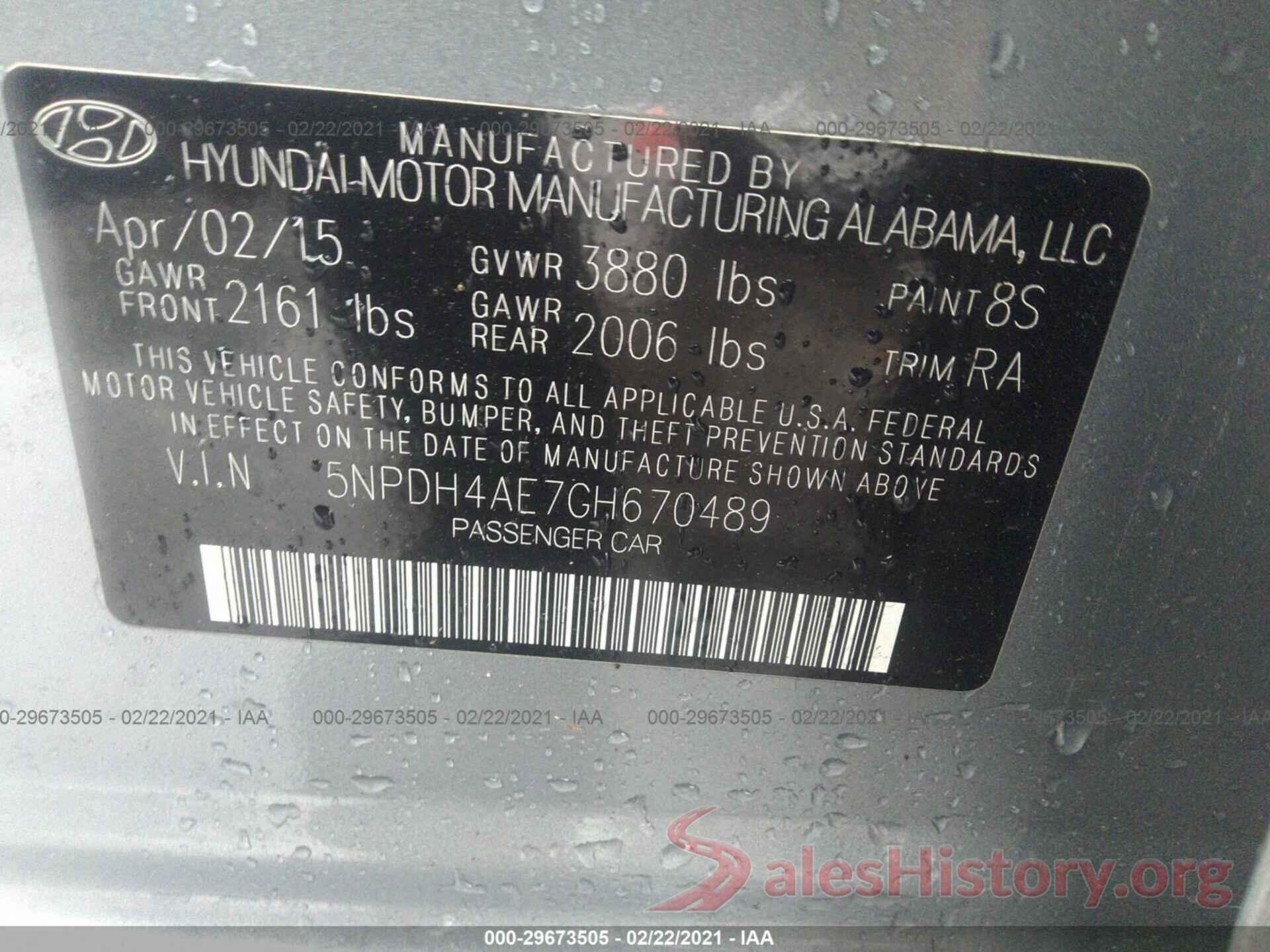 5NPDH4AE7GH670489 2016 HYUNDAI ELANTRA