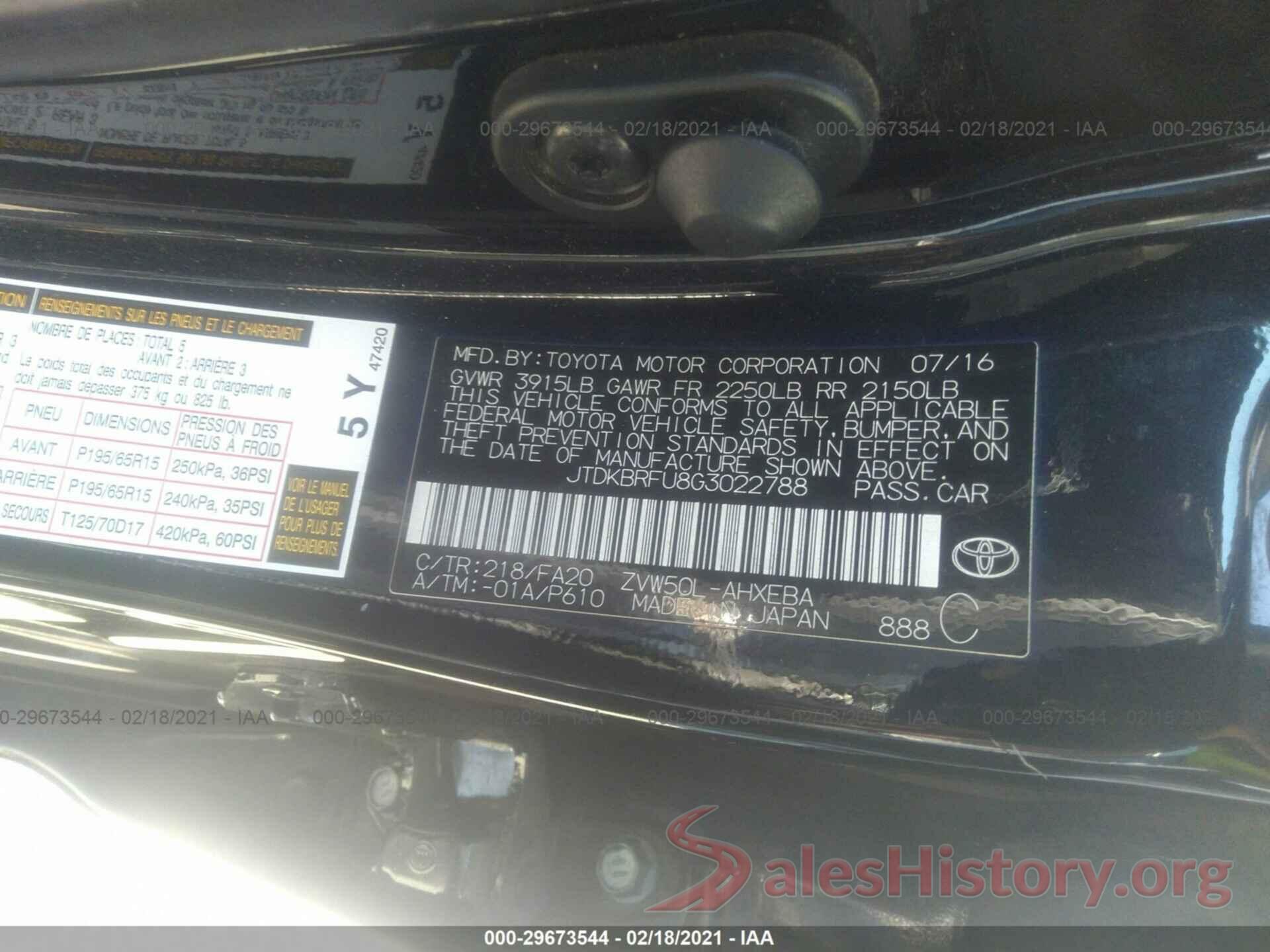 JTDKBRFU8G3022788 2016 TOYOTA PRIUS