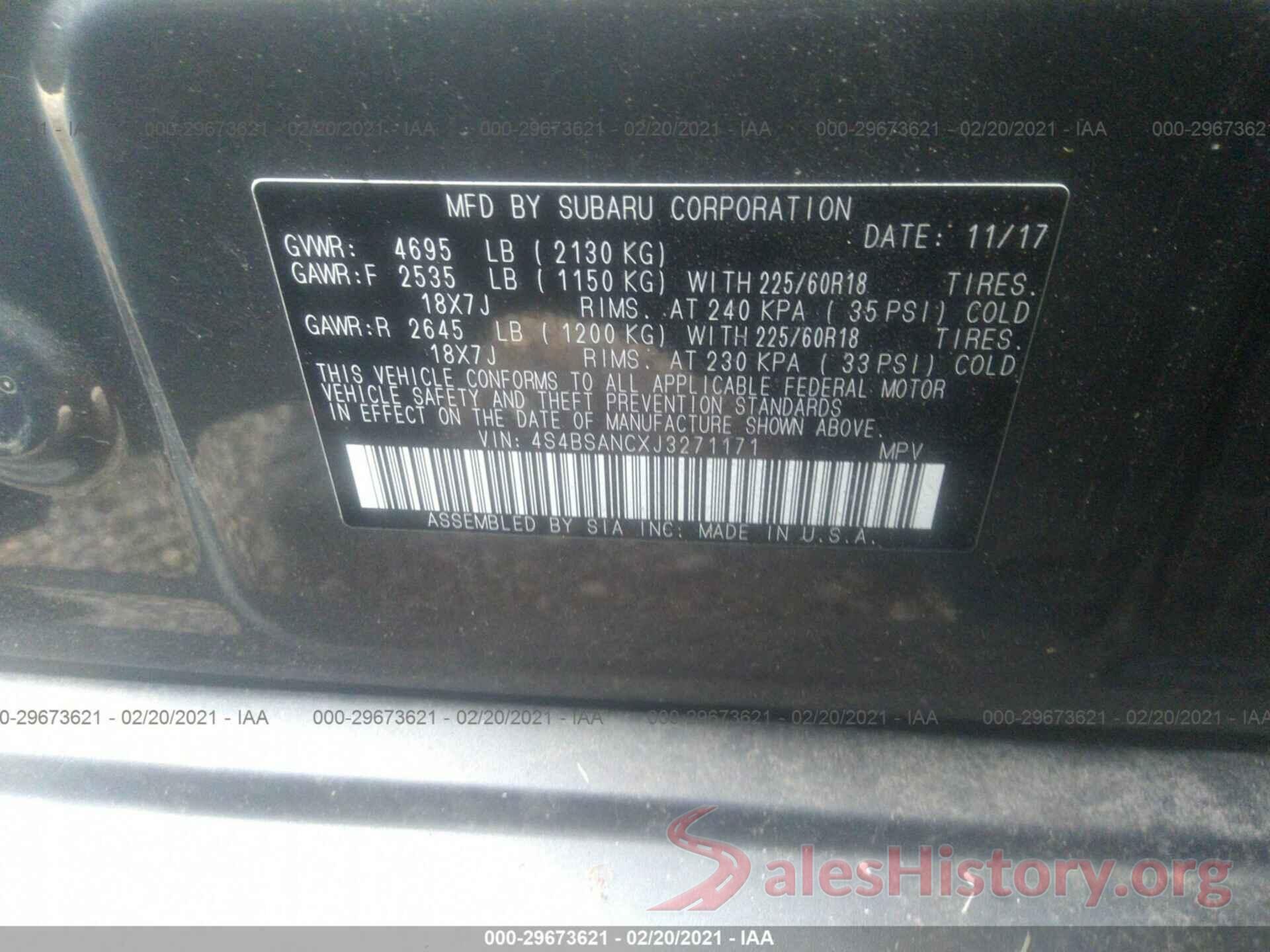 4S4BSANCXJ3271171 2018 SUBARU OUTBACK