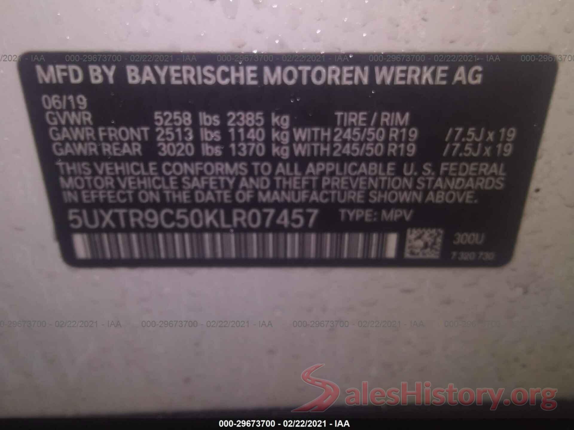 5UXTR9C50KLR07457 2019 BMW X3