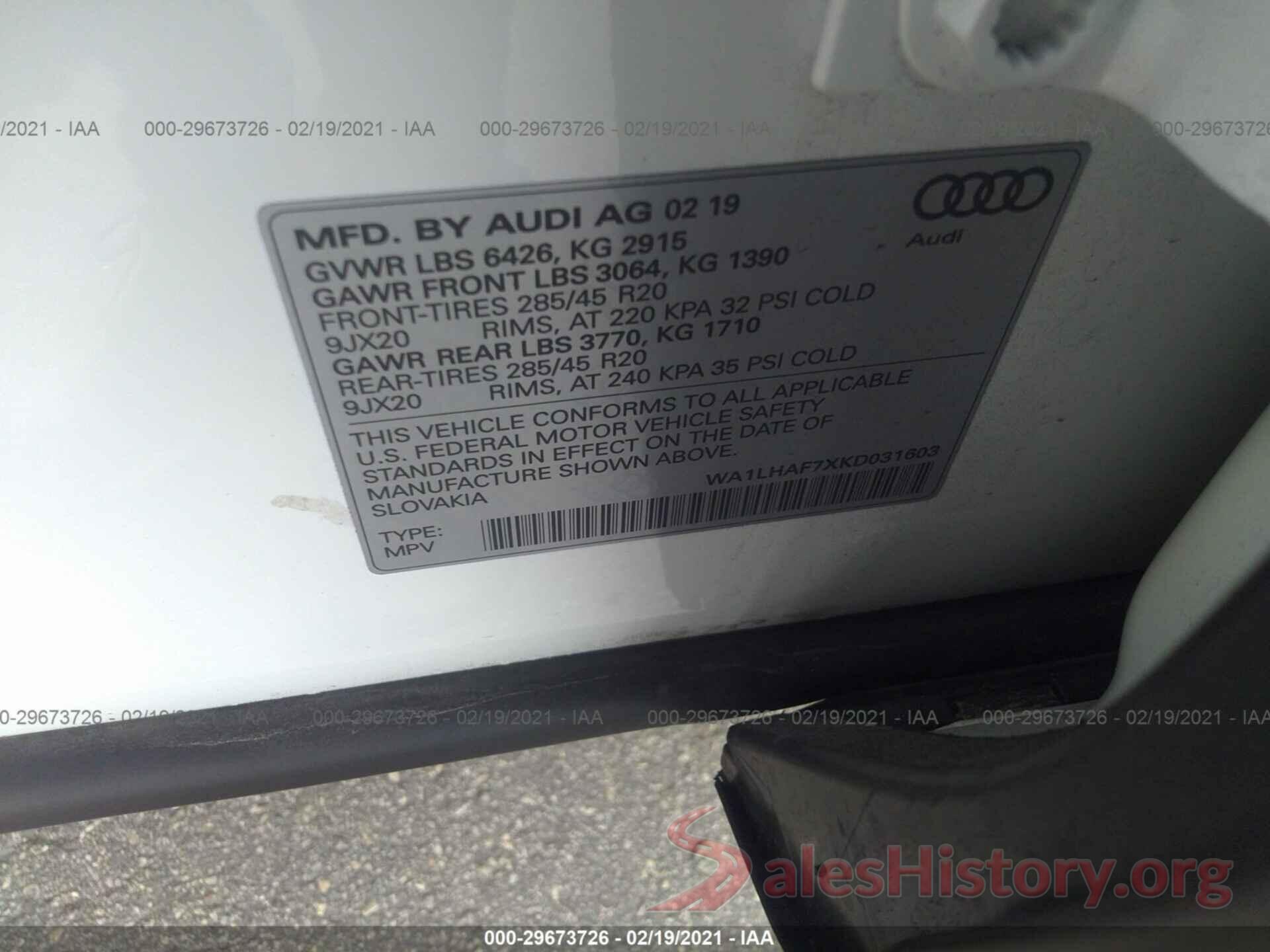 WA1LHAF7XKD031603 2019 AUDI Q7