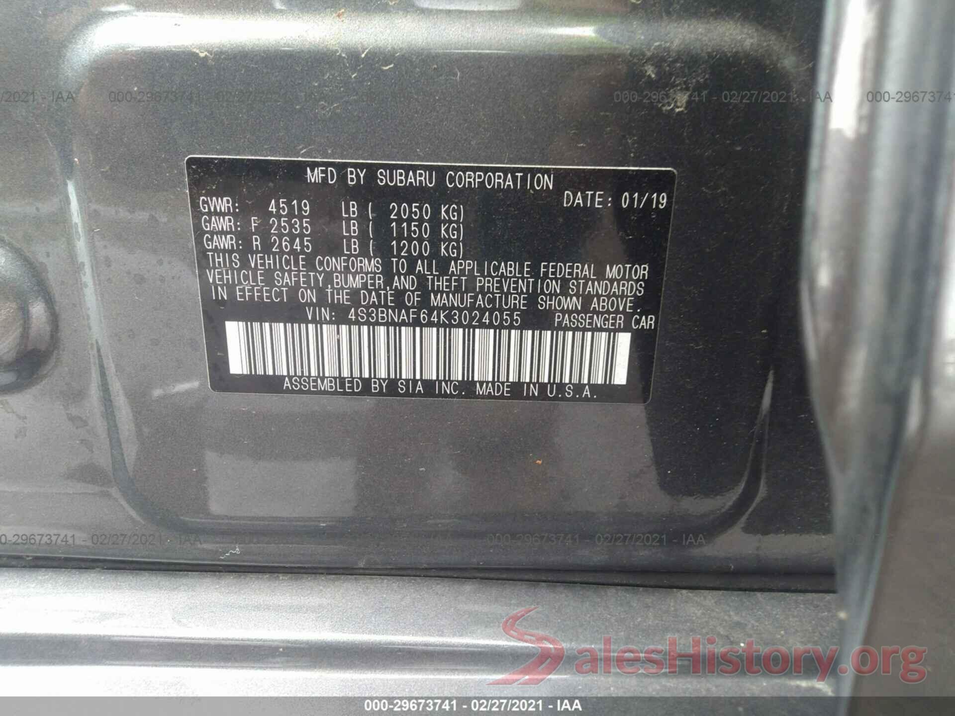 4S3BNAF64K3024055 2019 SUBARU LEGACY