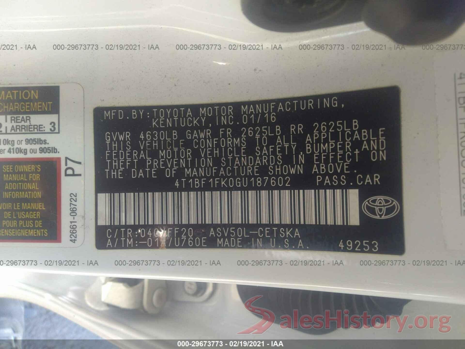 4T1BF1FK0GU187602 2016 TOYOTA CAMRY