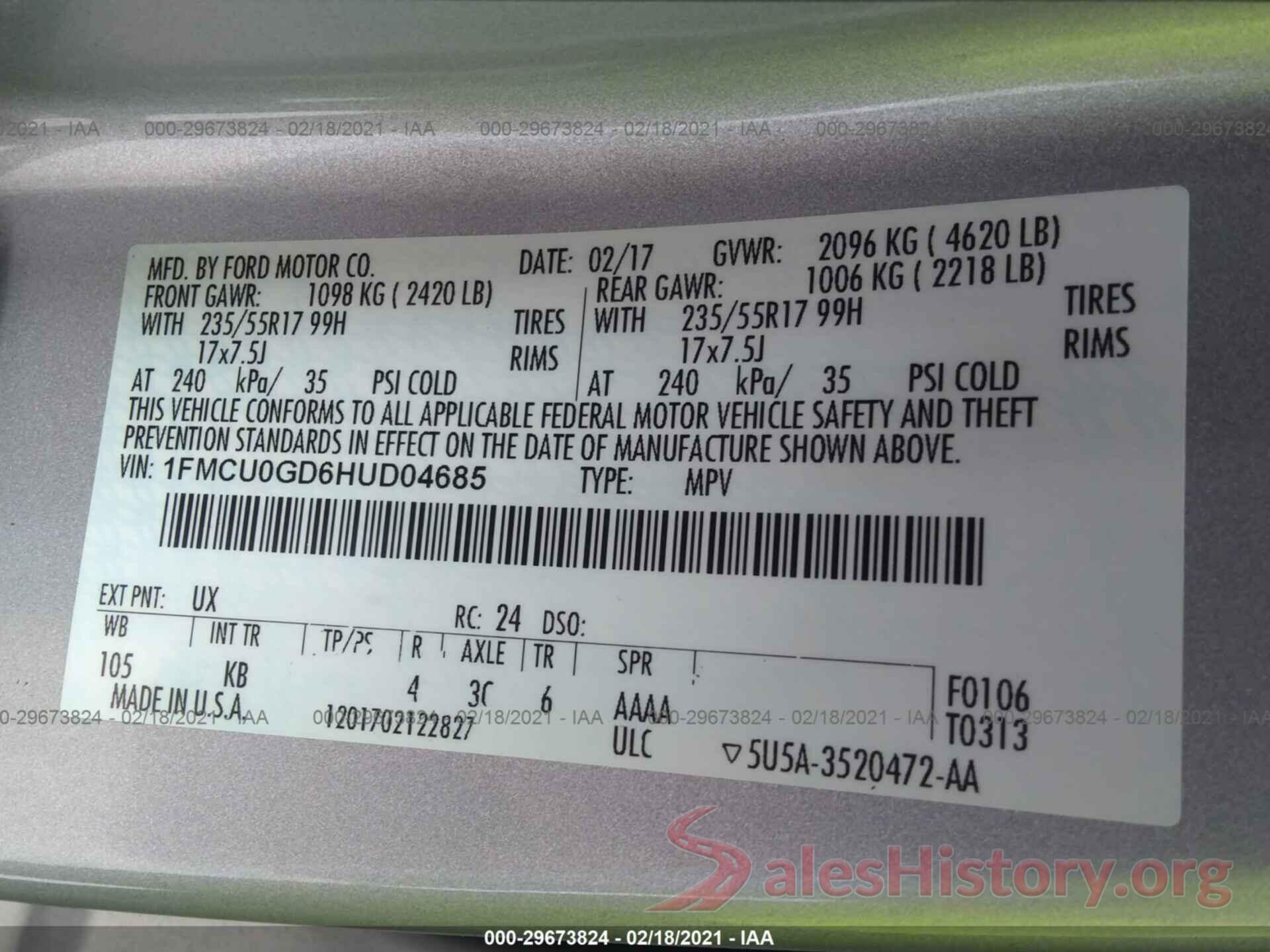 1FMCU0GD6HUD04685 2017 FORD ESCAPE