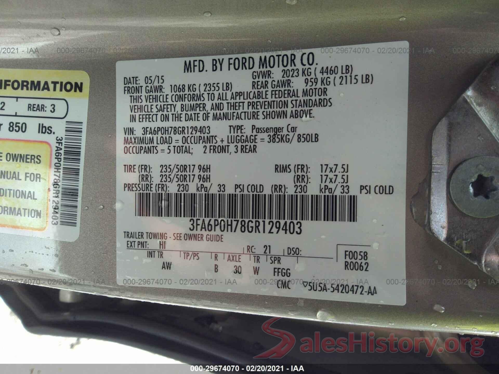 3FA6P0H78GR129403 2016 FORD FUSION