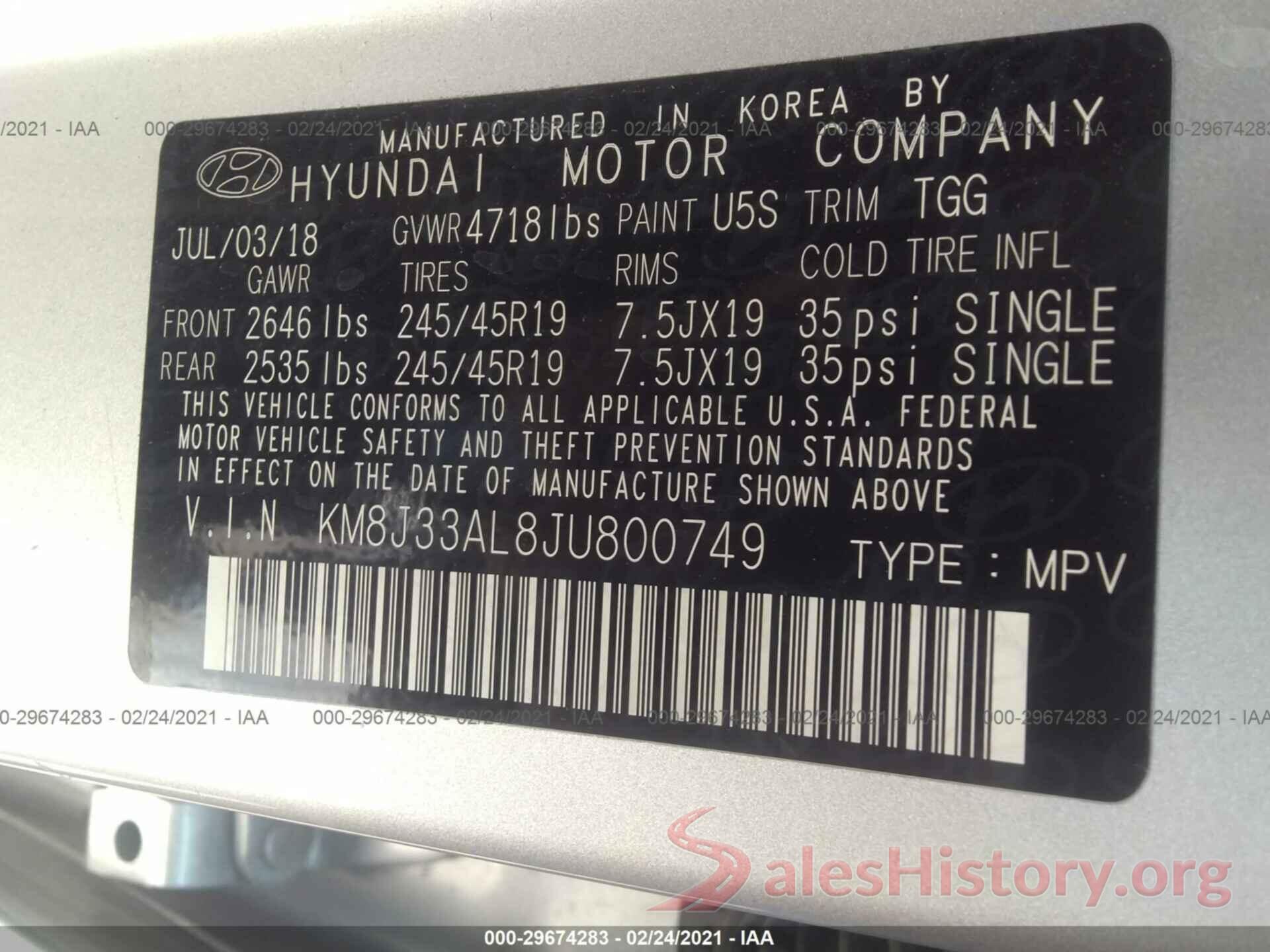 KM8J33AL8JU800749 2018 HYUNDAI TUCSON