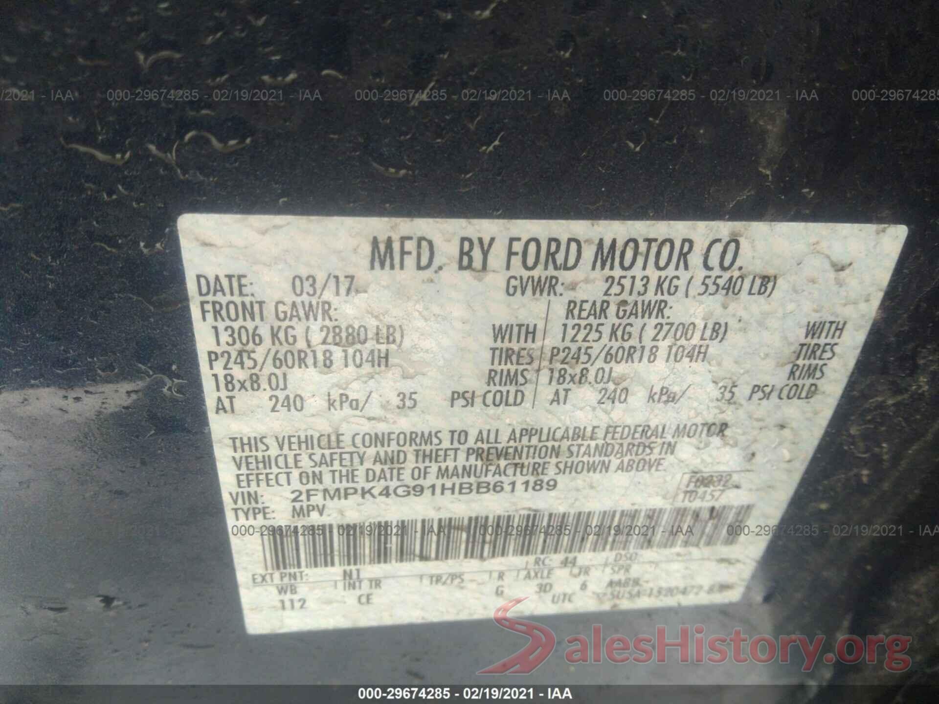 2FMPK4G91HBB61189 2017 FORD EDGE