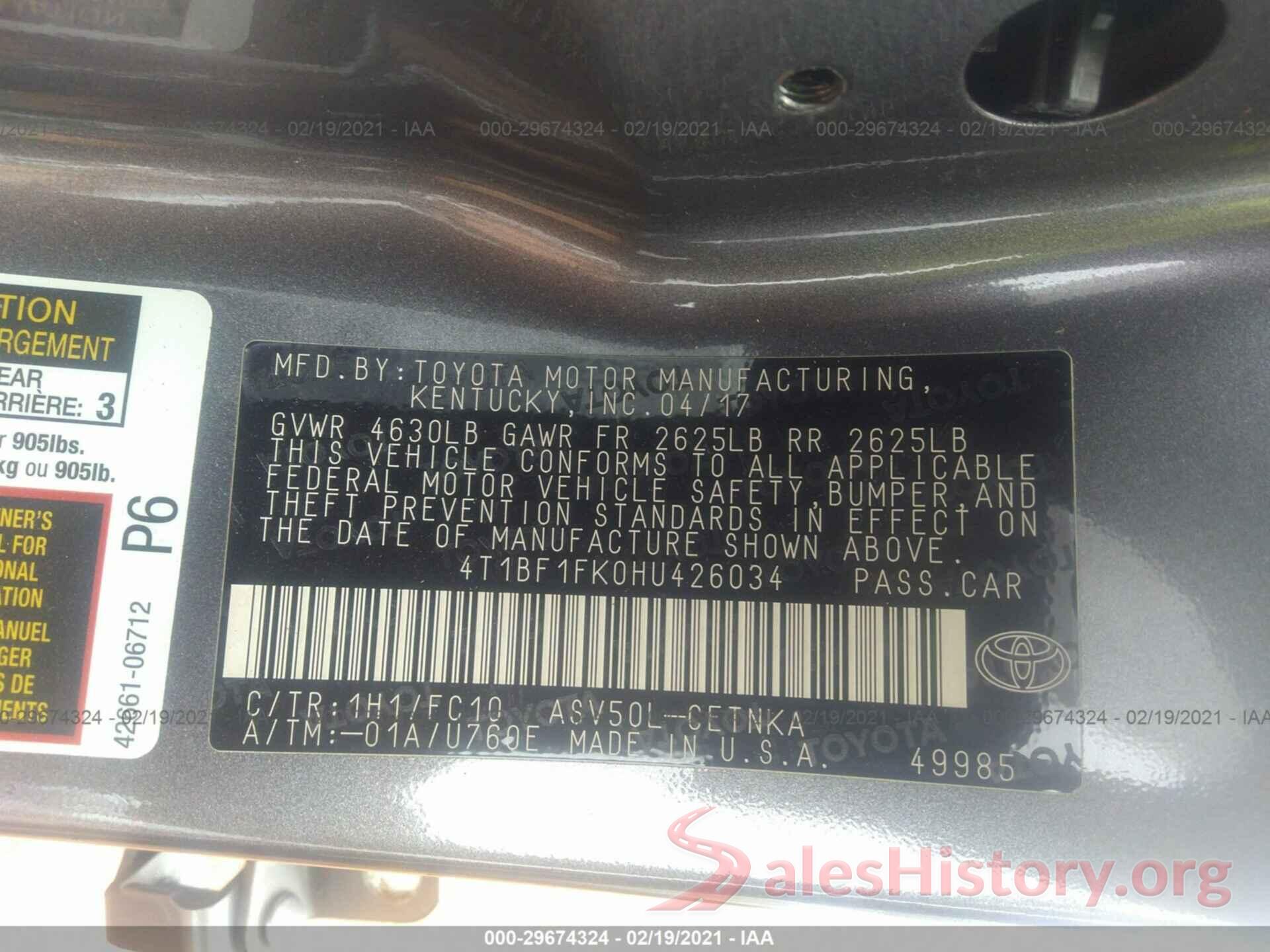 4T1BF1FK0HU426034 2017 TOYOTA CAMRY