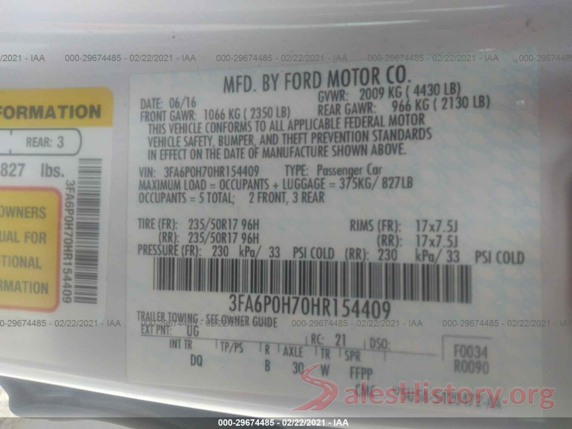 3FA6P0H70HR154409 2017 FORD FUSION