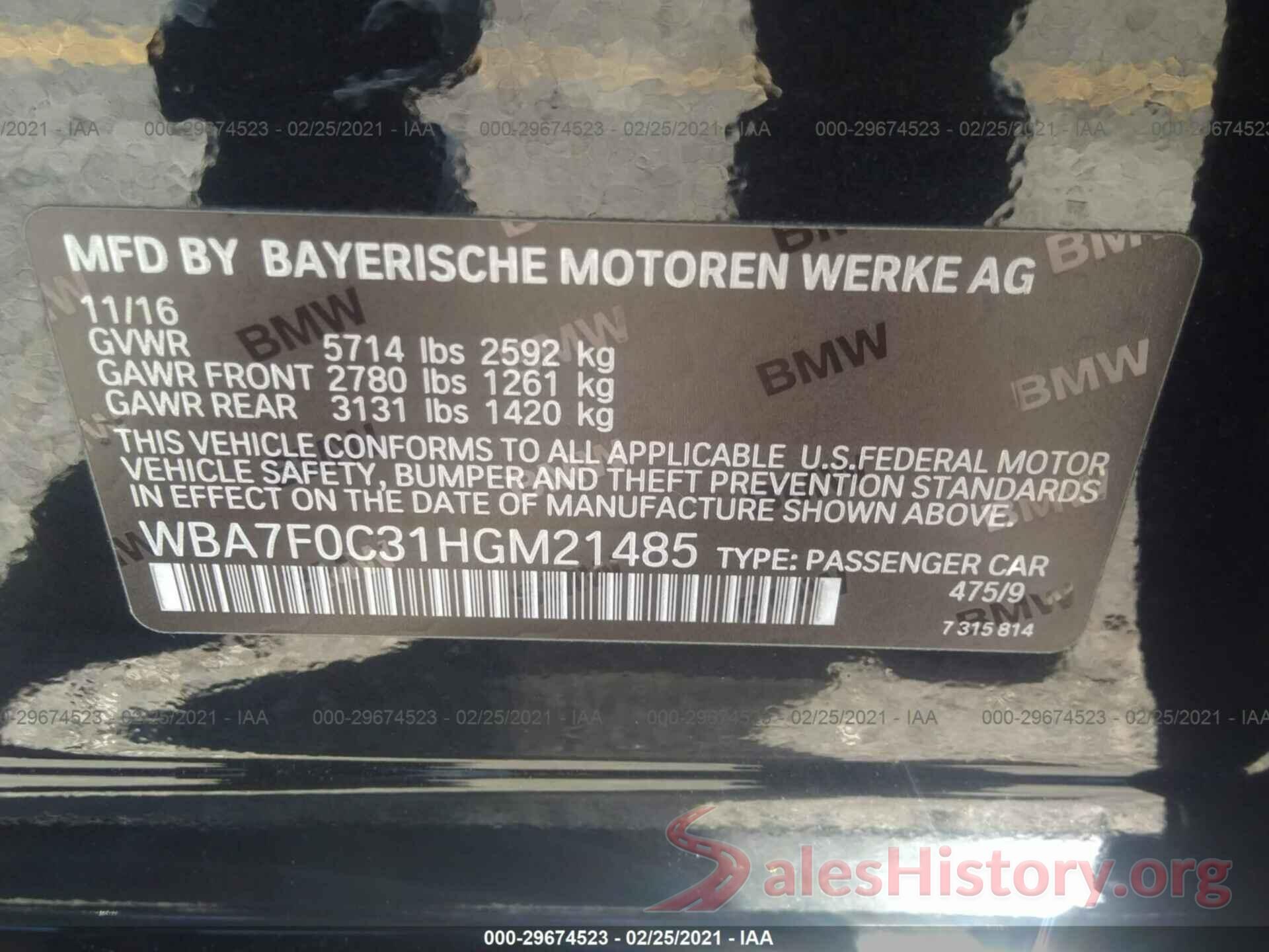 WBA7F0C31HGM21485 2017 BMW 7 SERIES