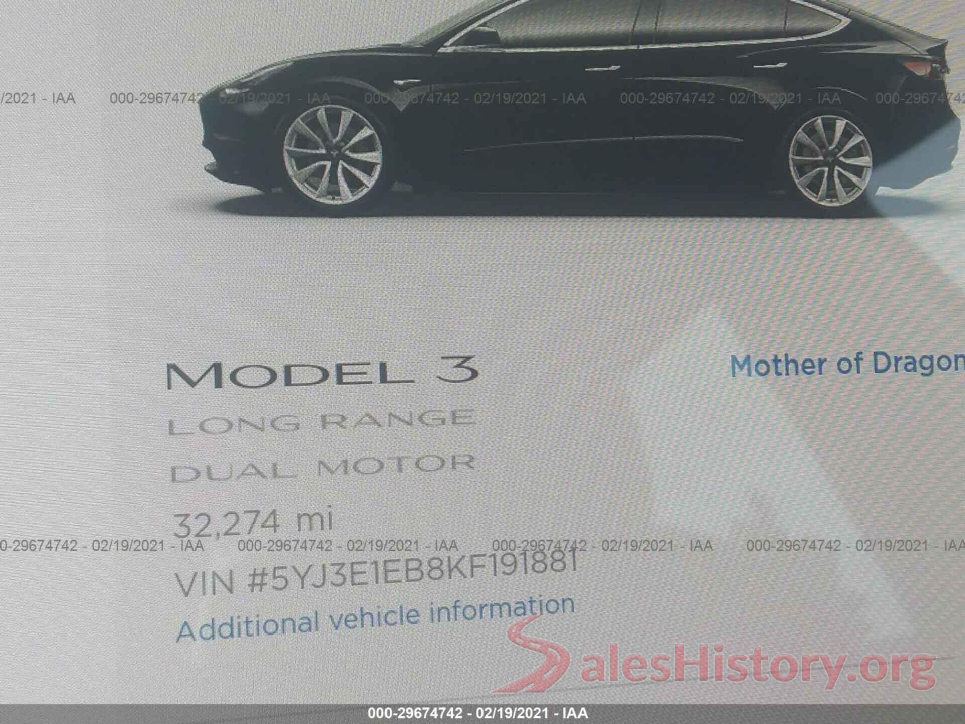 5YJ3E1EB8KF191881 2019 TESLA MODEL 3