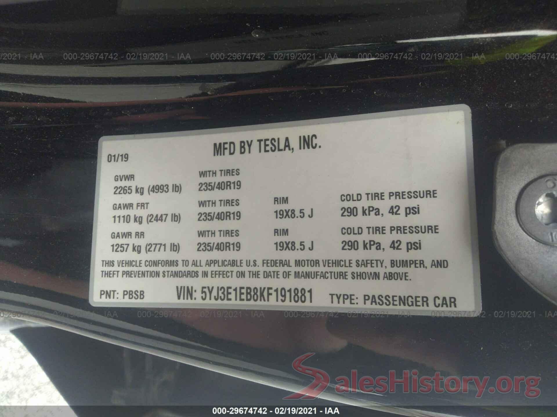 5YJ3E1EB8KF191881 2019 TESLA MODEL 3