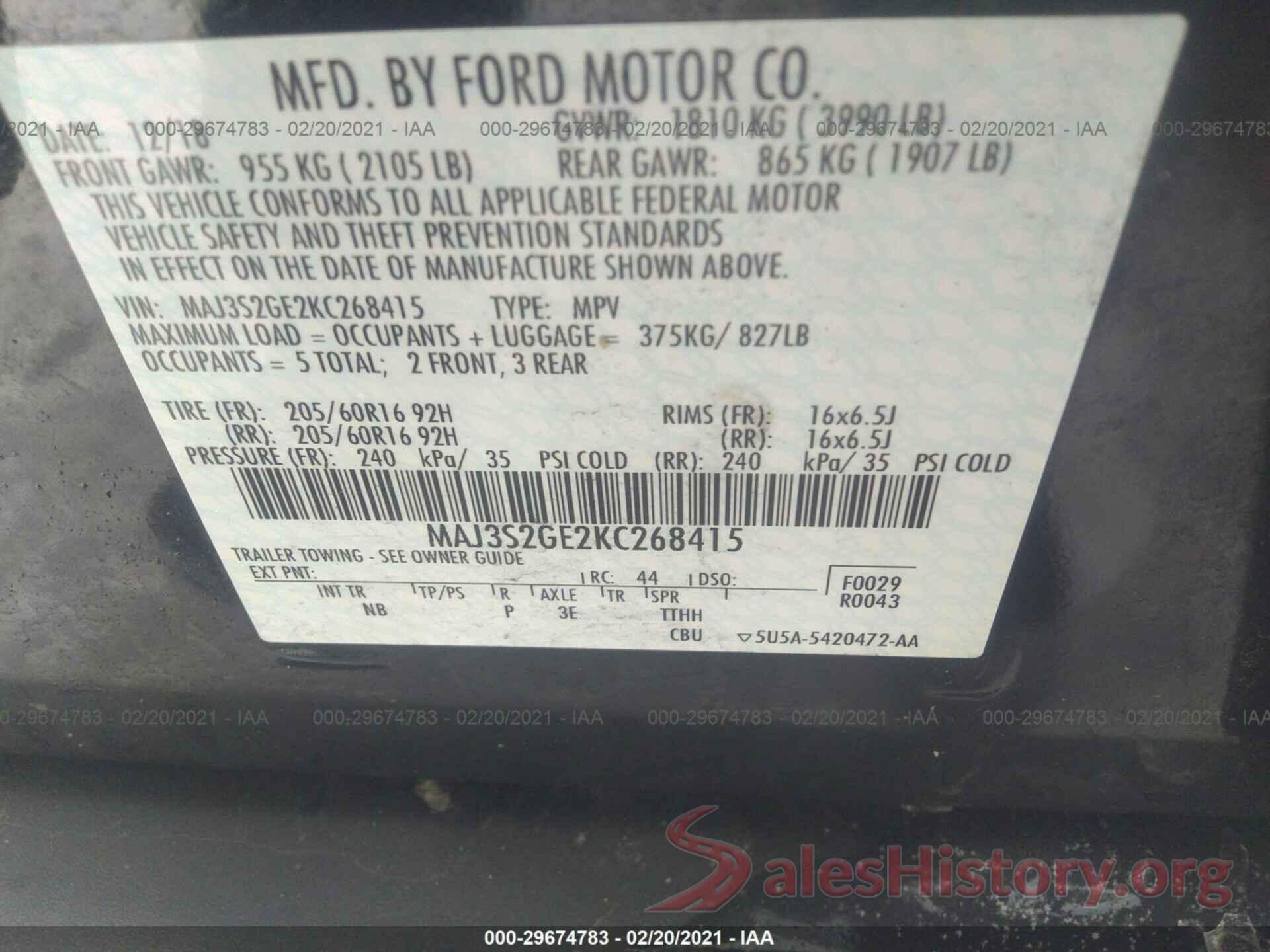 MAJ3S2GE2KC268415 2019 FORD ECOSPORT