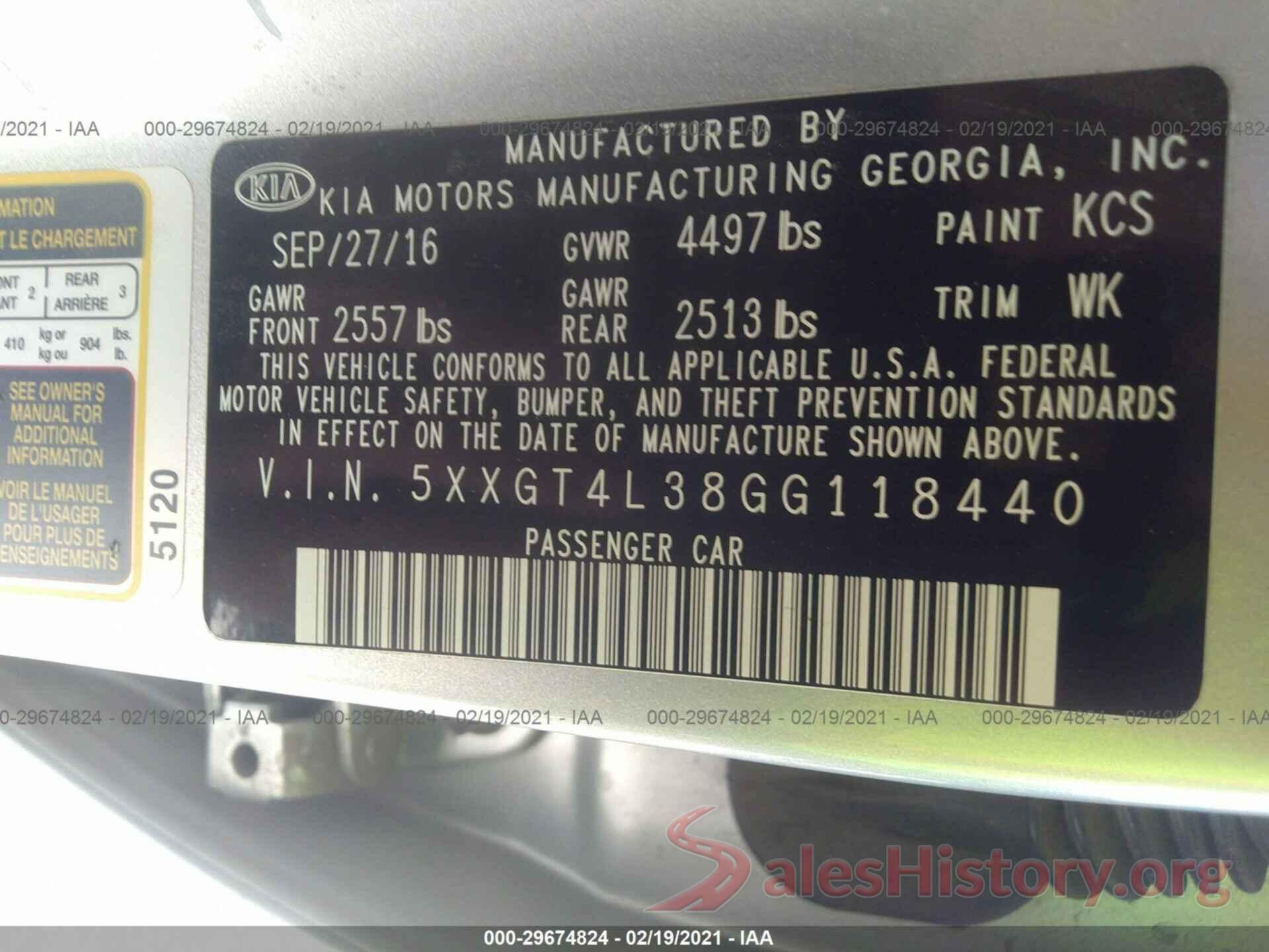 5XXGT4L38GG118440 2016 KIA OPTIMA