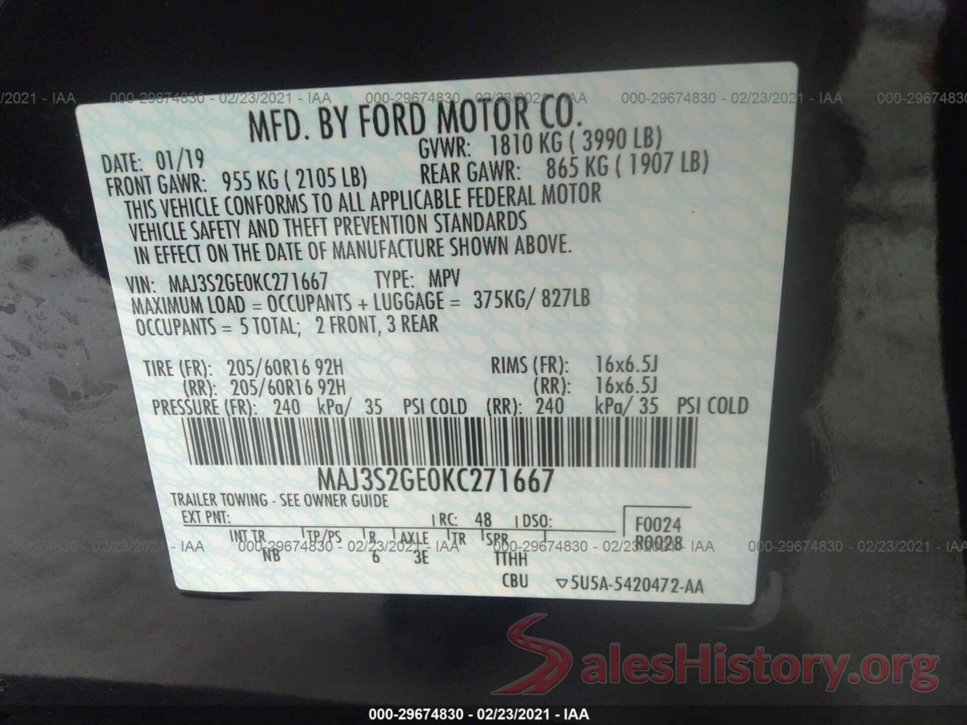 MAJ3S2GE0KC271667 2019 FORD ECOSPORT