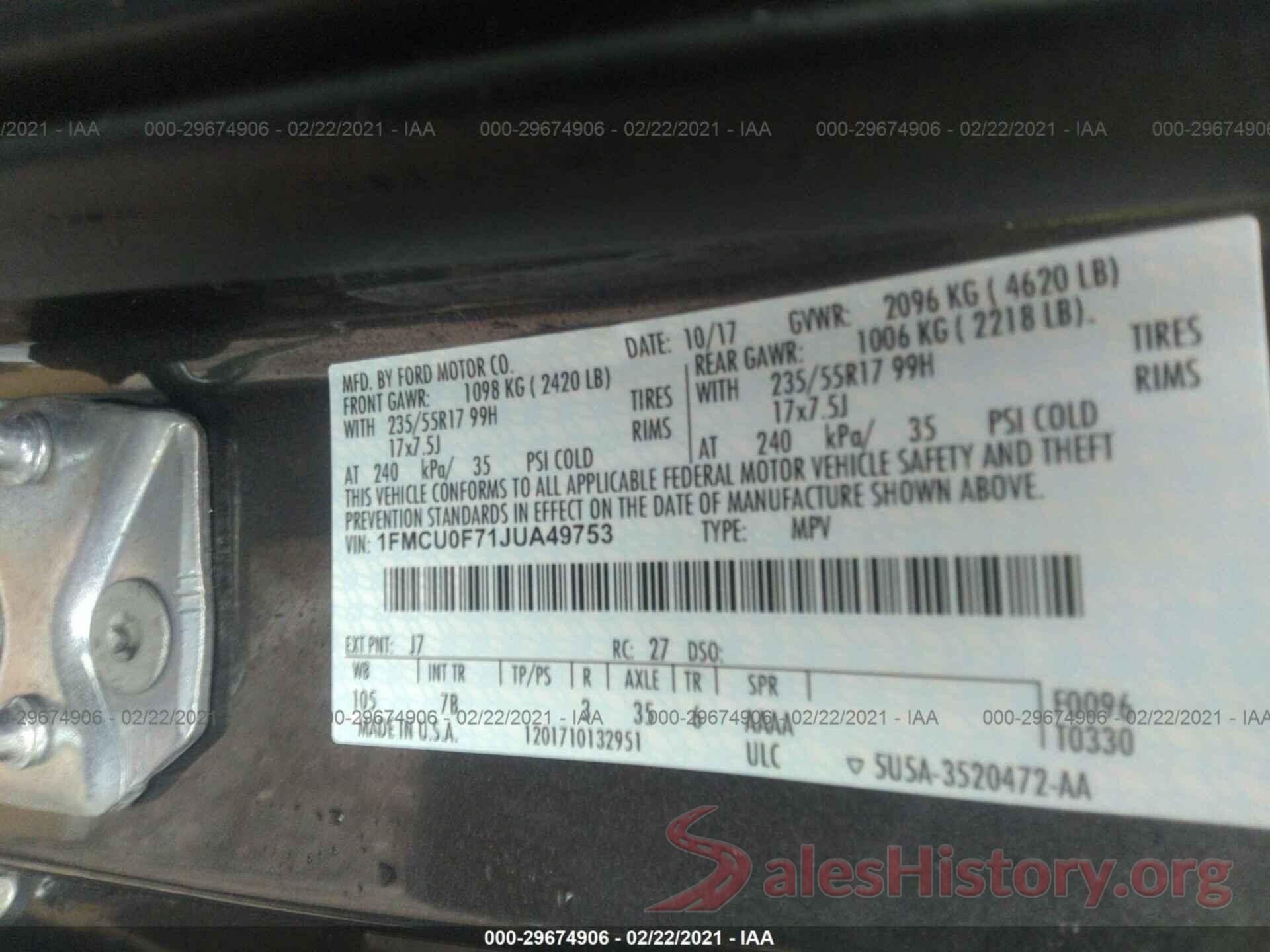 1FMCU0F71JUA49753 2018 FORD ESCAPE