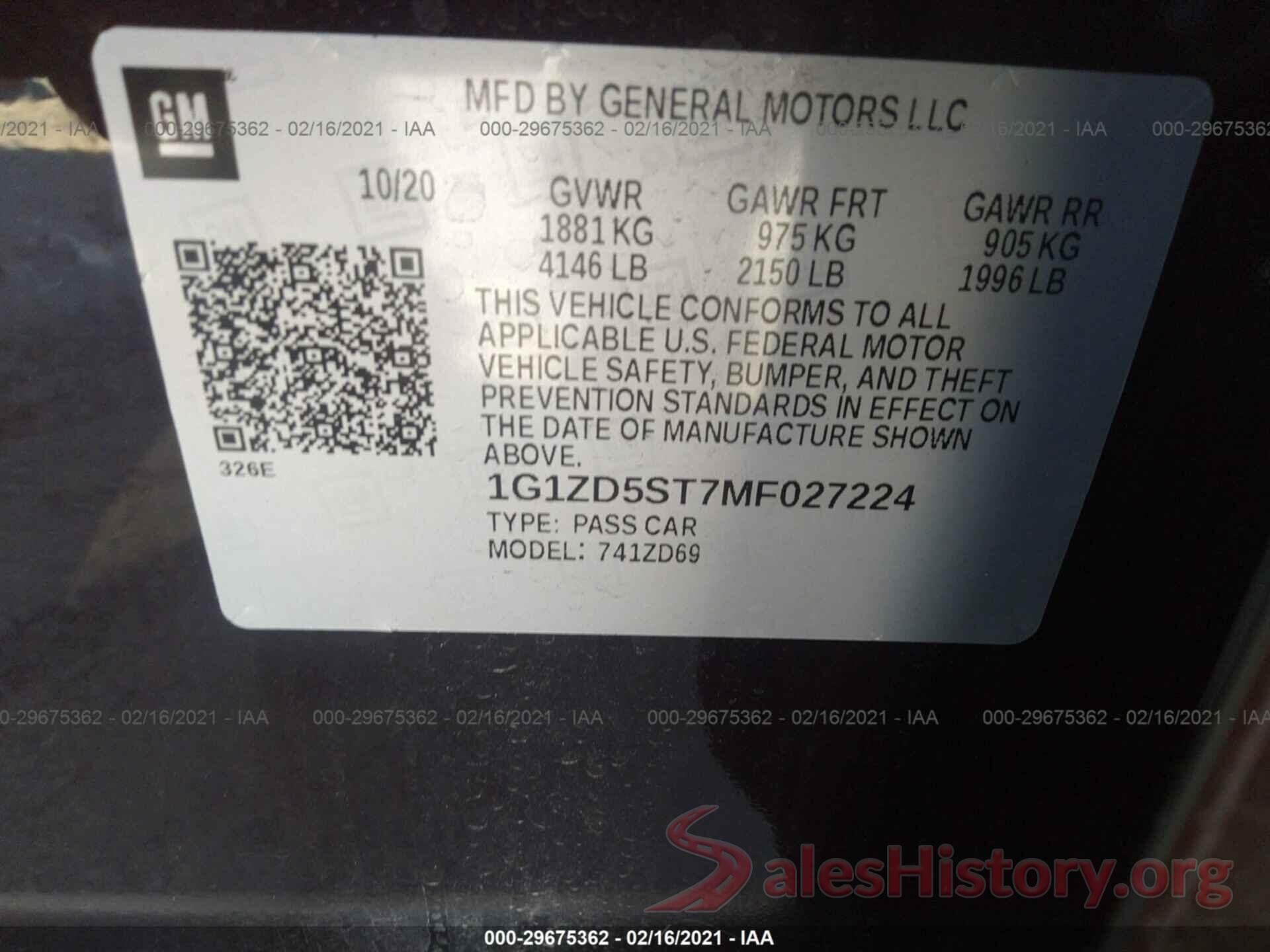 1G1ZD5ST7MF027224 2021 CHEVROLET MALIBU