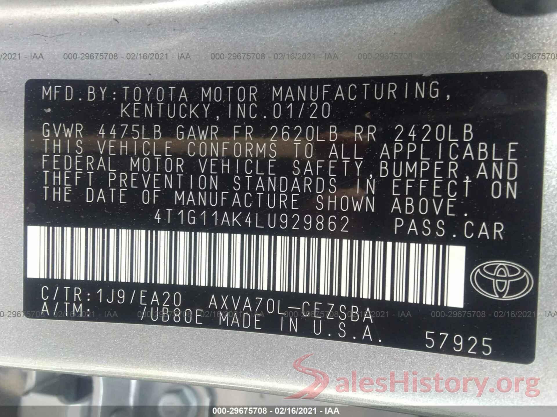 4T1G11AK4LU929862 2020 TOYOTA CAMRY