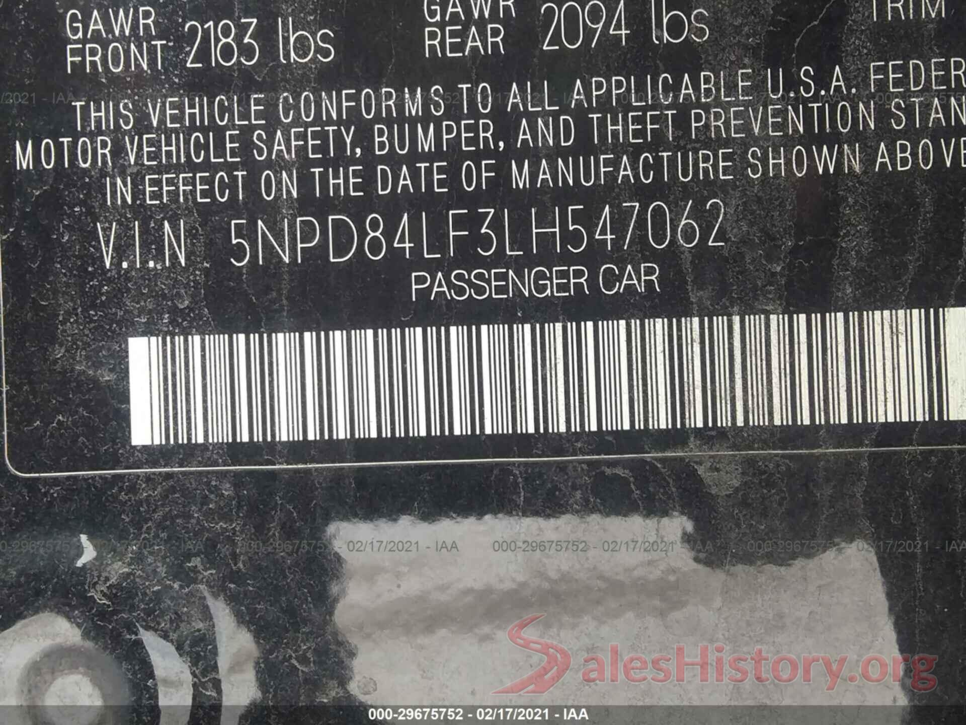 5NPD84LF3LH547062 2020 HYUNDAI ELANTRA