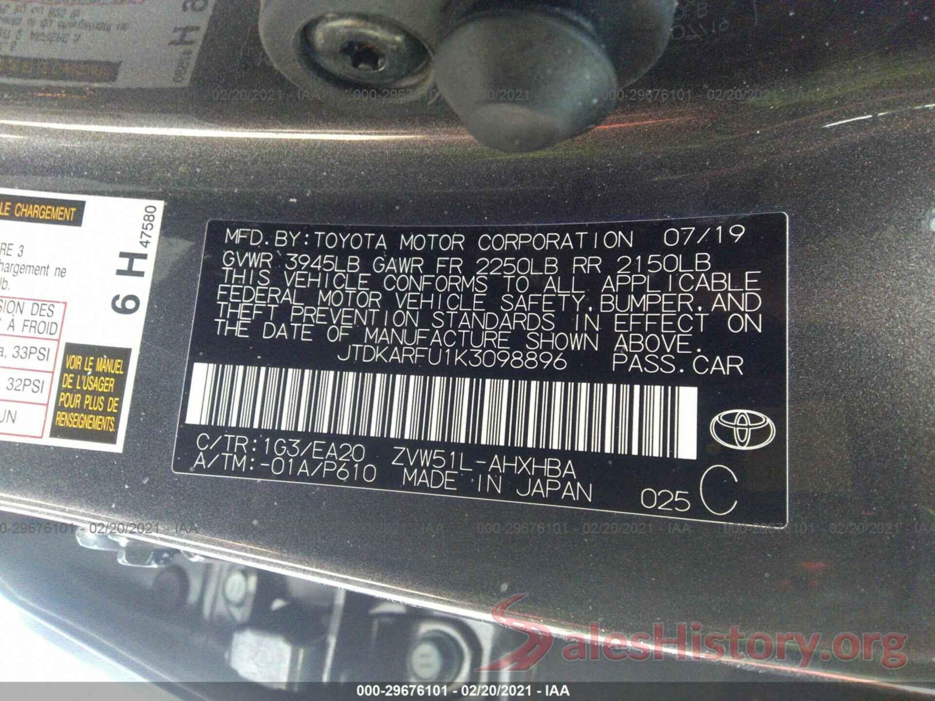 JTDKARFU1K3098896 2019 TOYOTA PRIUS