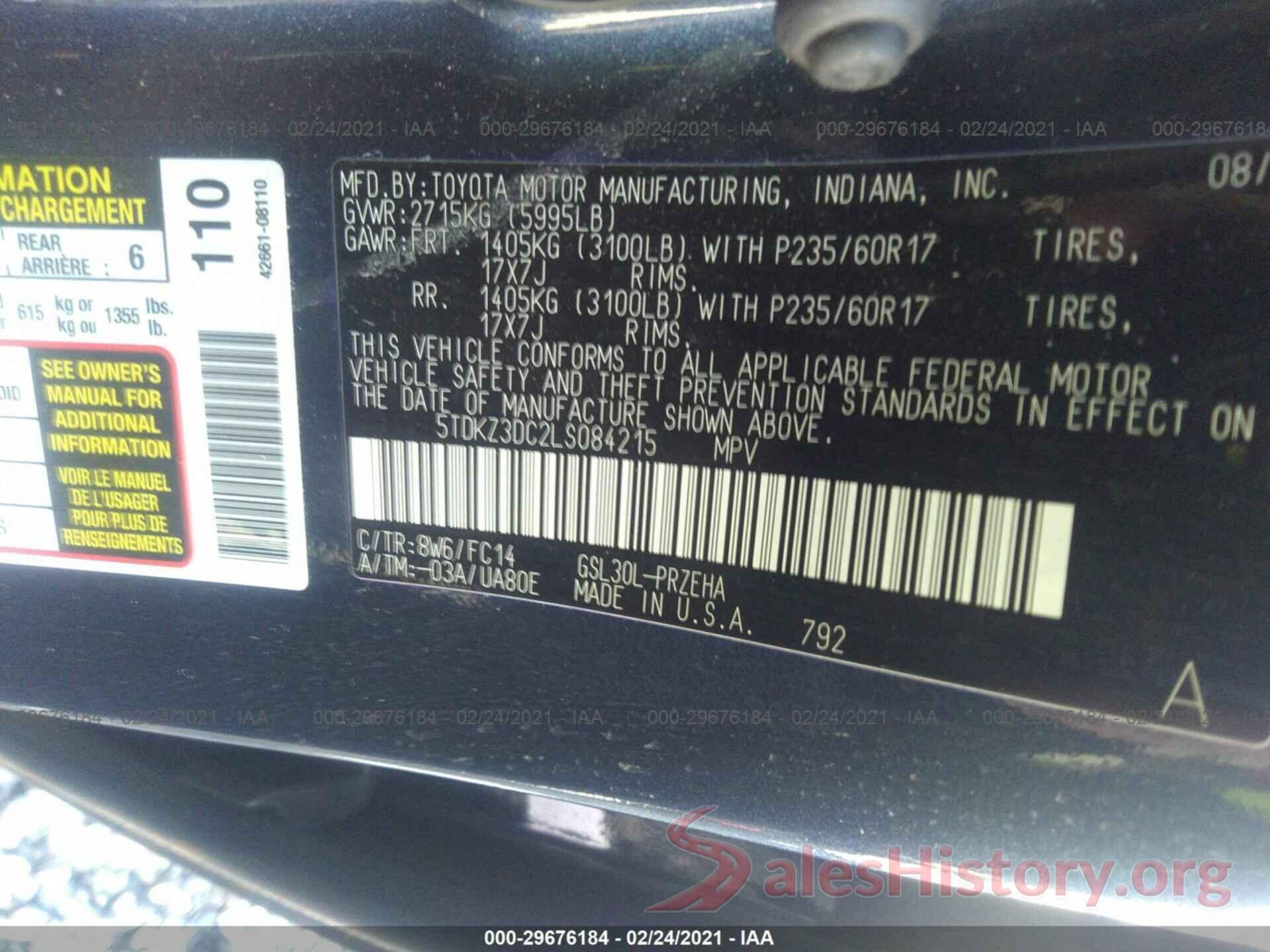 5TDKZ3DC2LS084215 2020 TOYOTA SIENNA