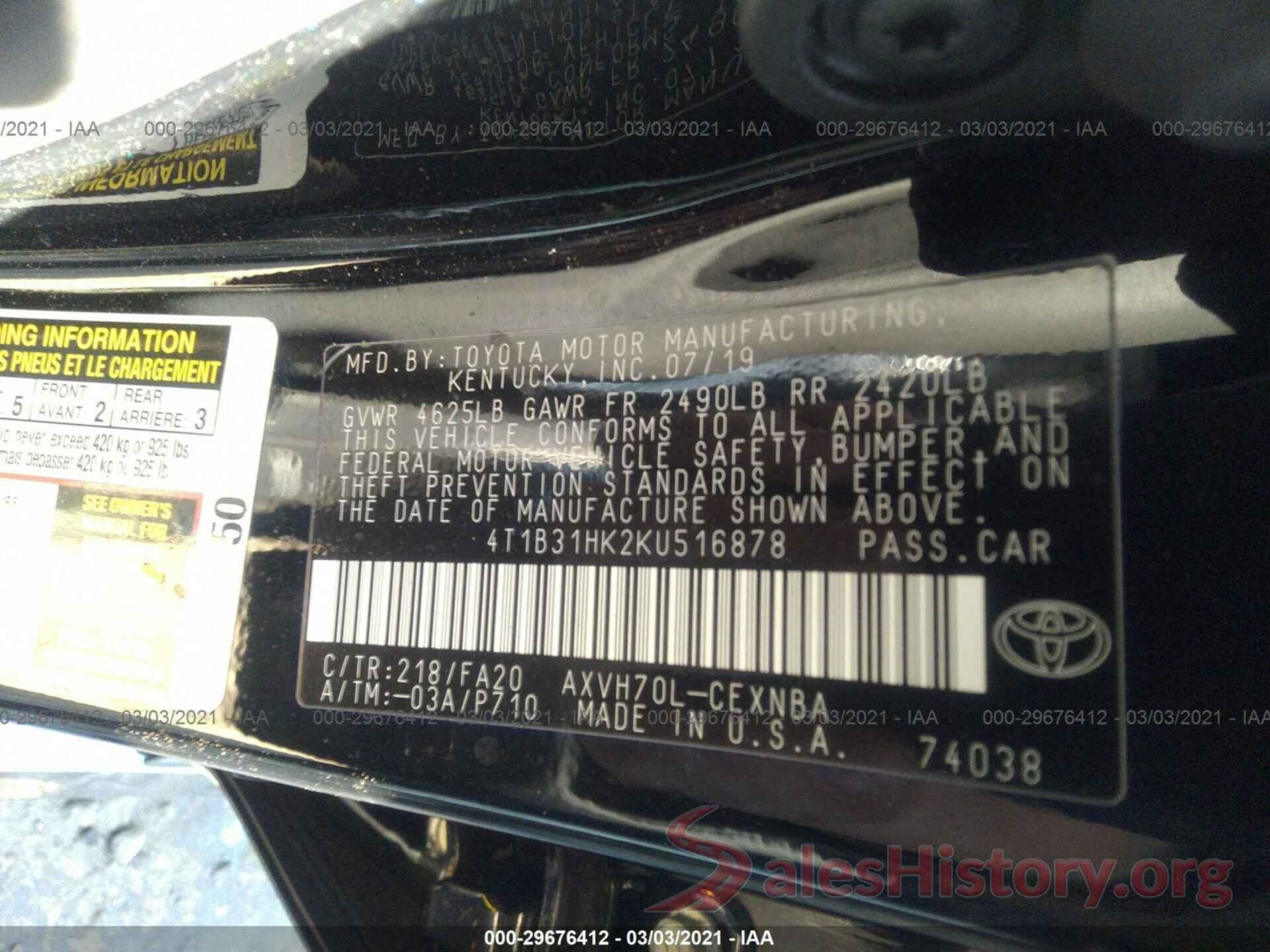 4T1B31HK2KU516878 2019 TOYOTA CAMRY