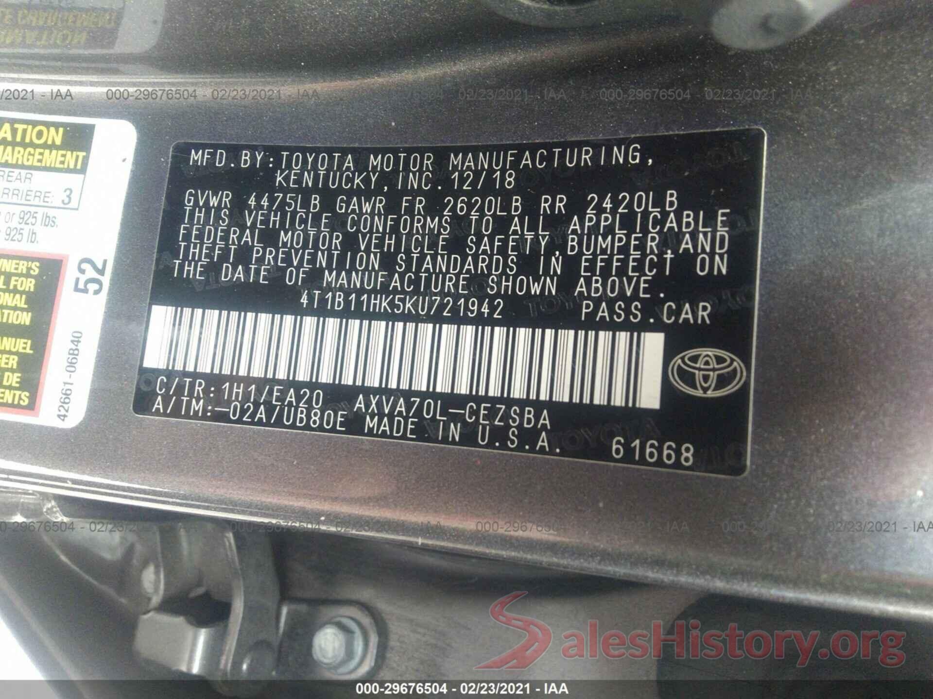 4T1B11HK5KU721942 2019 TOYOTA CAMRY