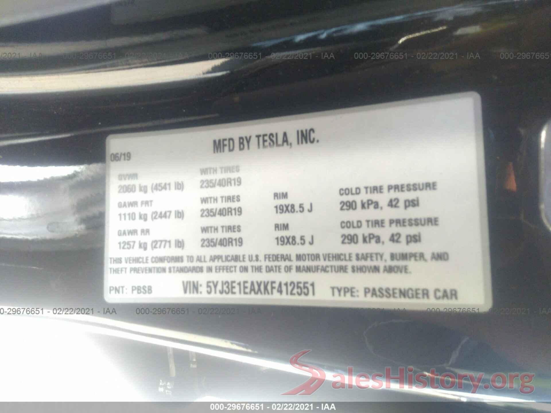 5YJ3E1EAXKF412551 2019 TESLA MODEL 3