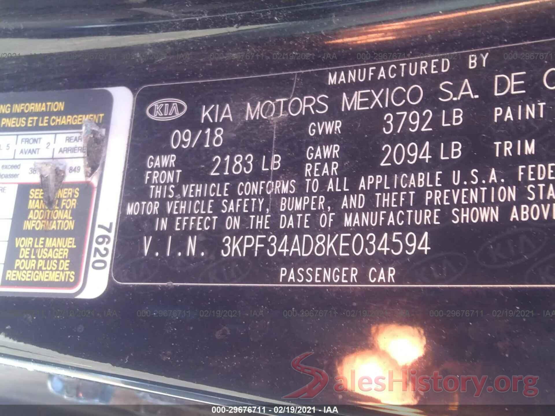 3KPF34AD8KE034594 2019 KIA FORTE