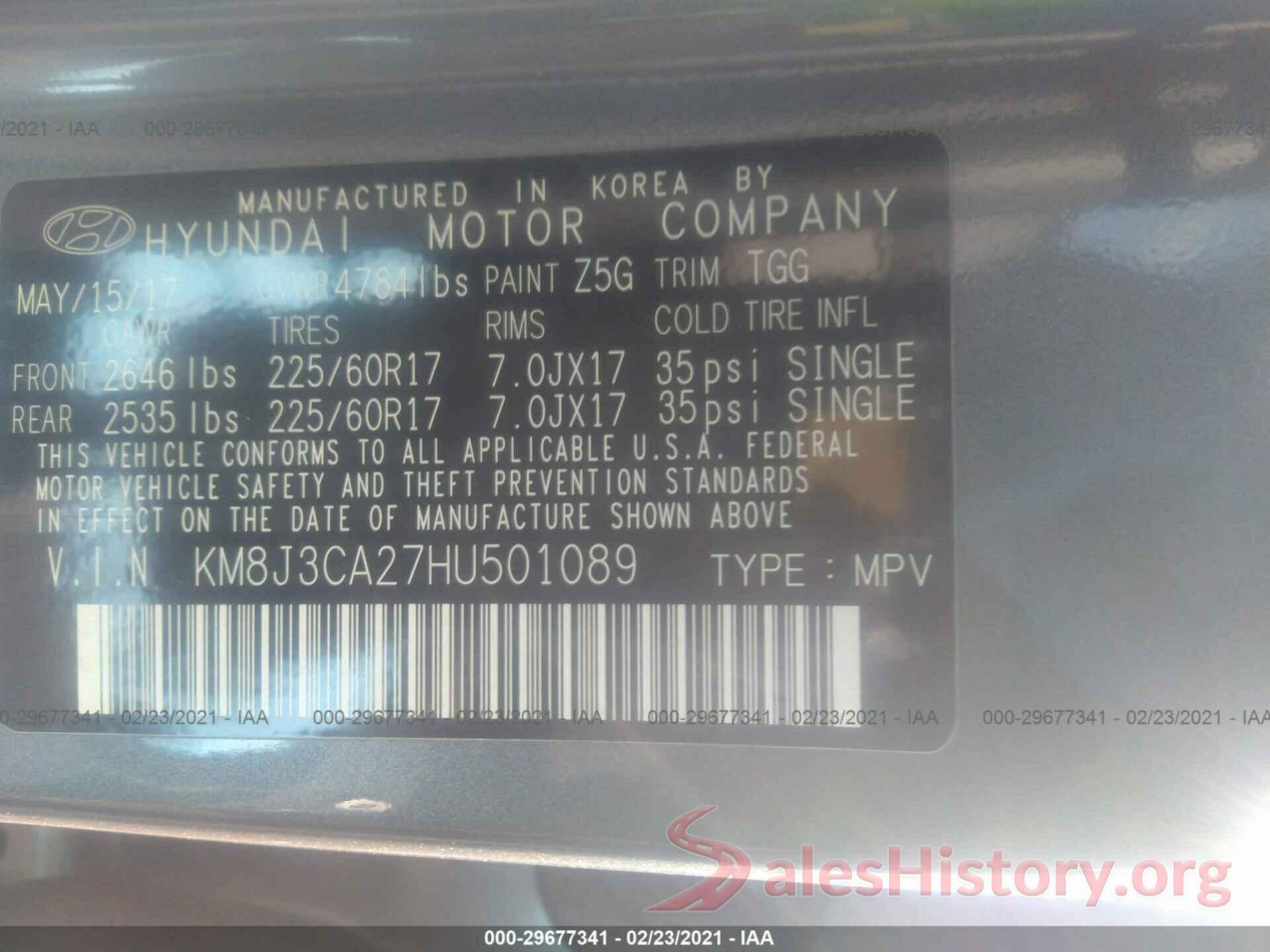 KM8J3CA27HU501089 2017 HYUNDAI TUCSON