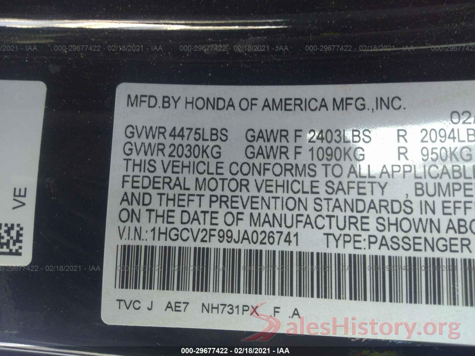 1HGCV2F99JA026741 2018 HONDA ACCORD SEDAN