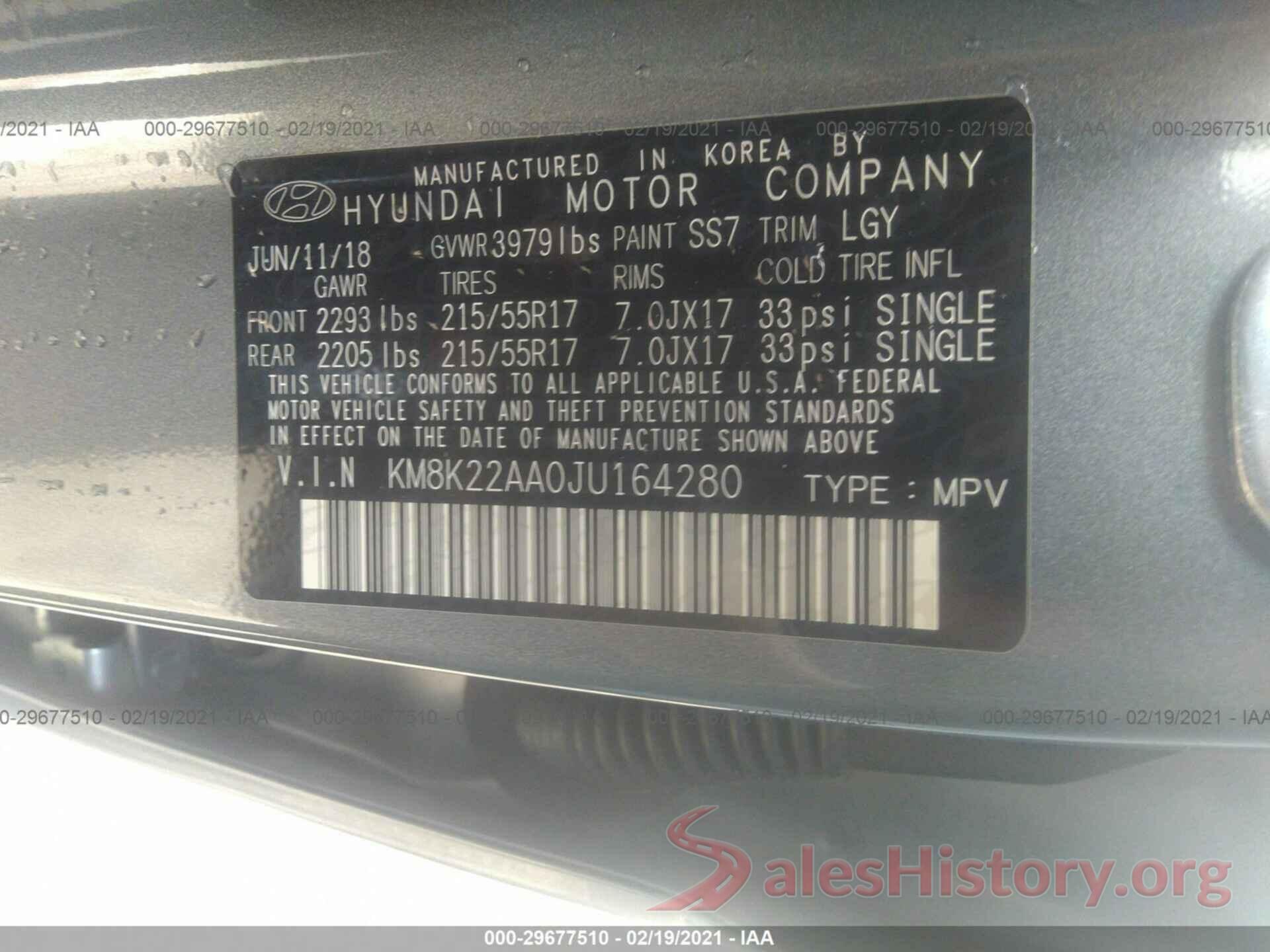 KM8K22AA0JU164280 2018 HYUNDAI KONA