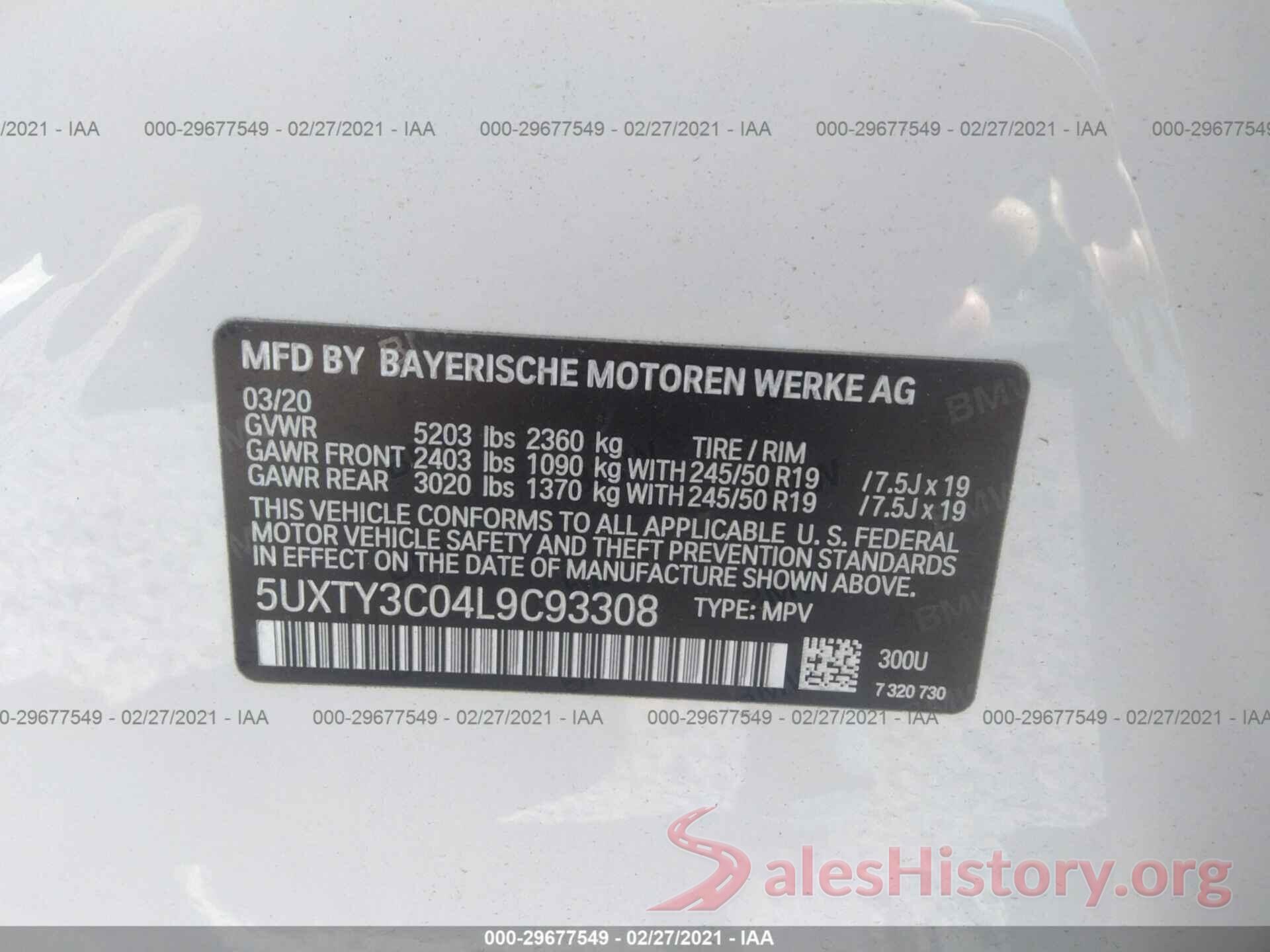 5UXTY3C04L9C93308 2020 BMW X3