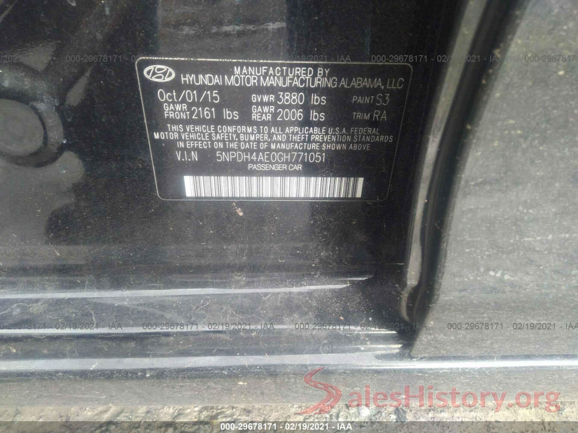 5NPDH4AE0GH771051 2016 HYUNDAI ELANTRA