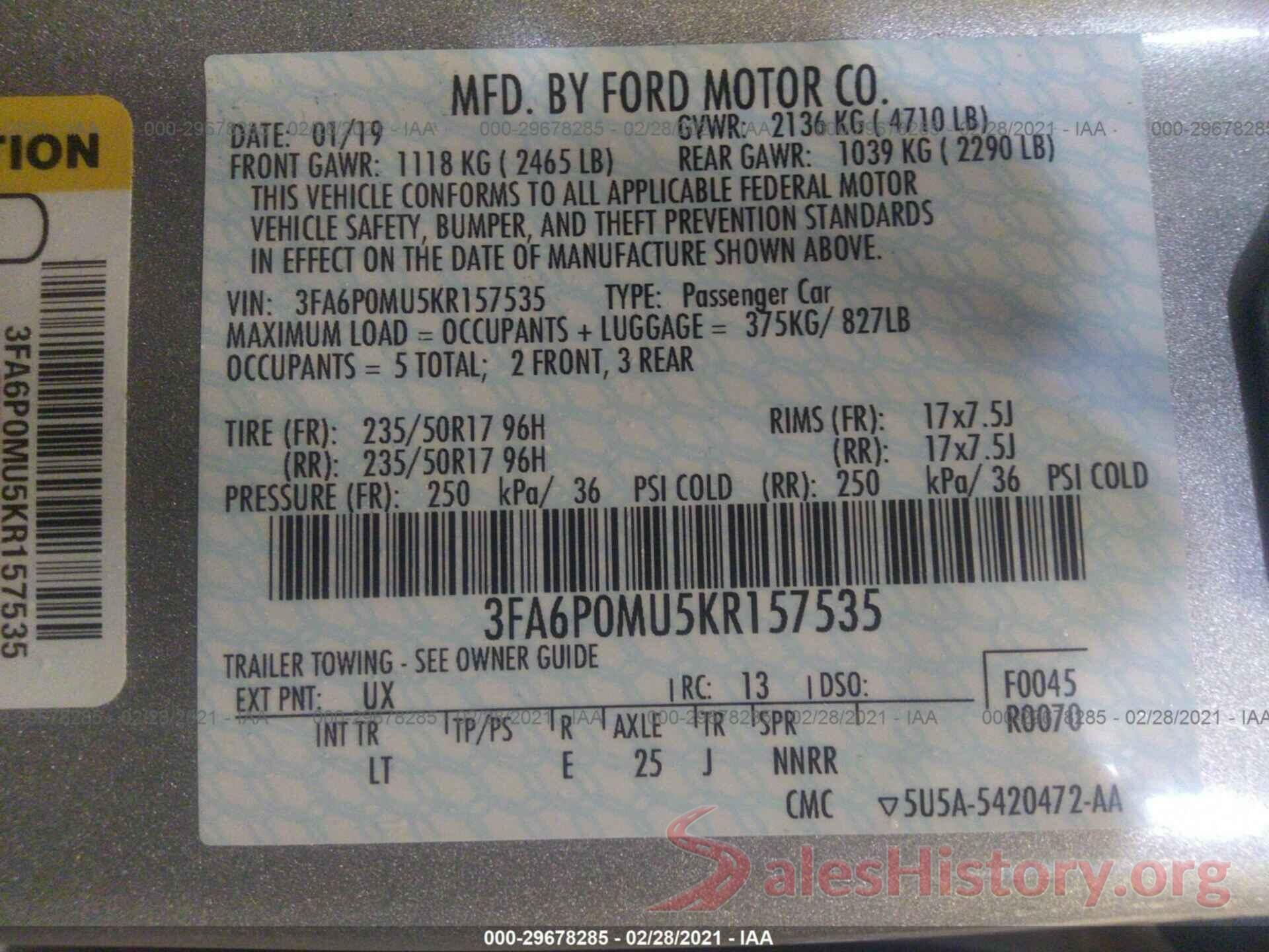 3FA6P0MU5KR157535 2019 FORD FUSION HYBRID