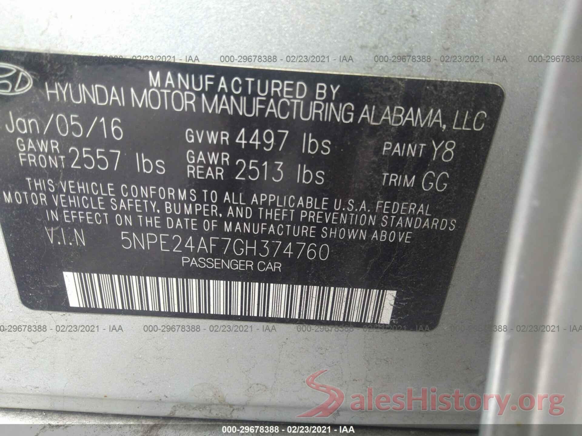 5NPE24AF7GH374760 2016 HYUNDAI SONATA