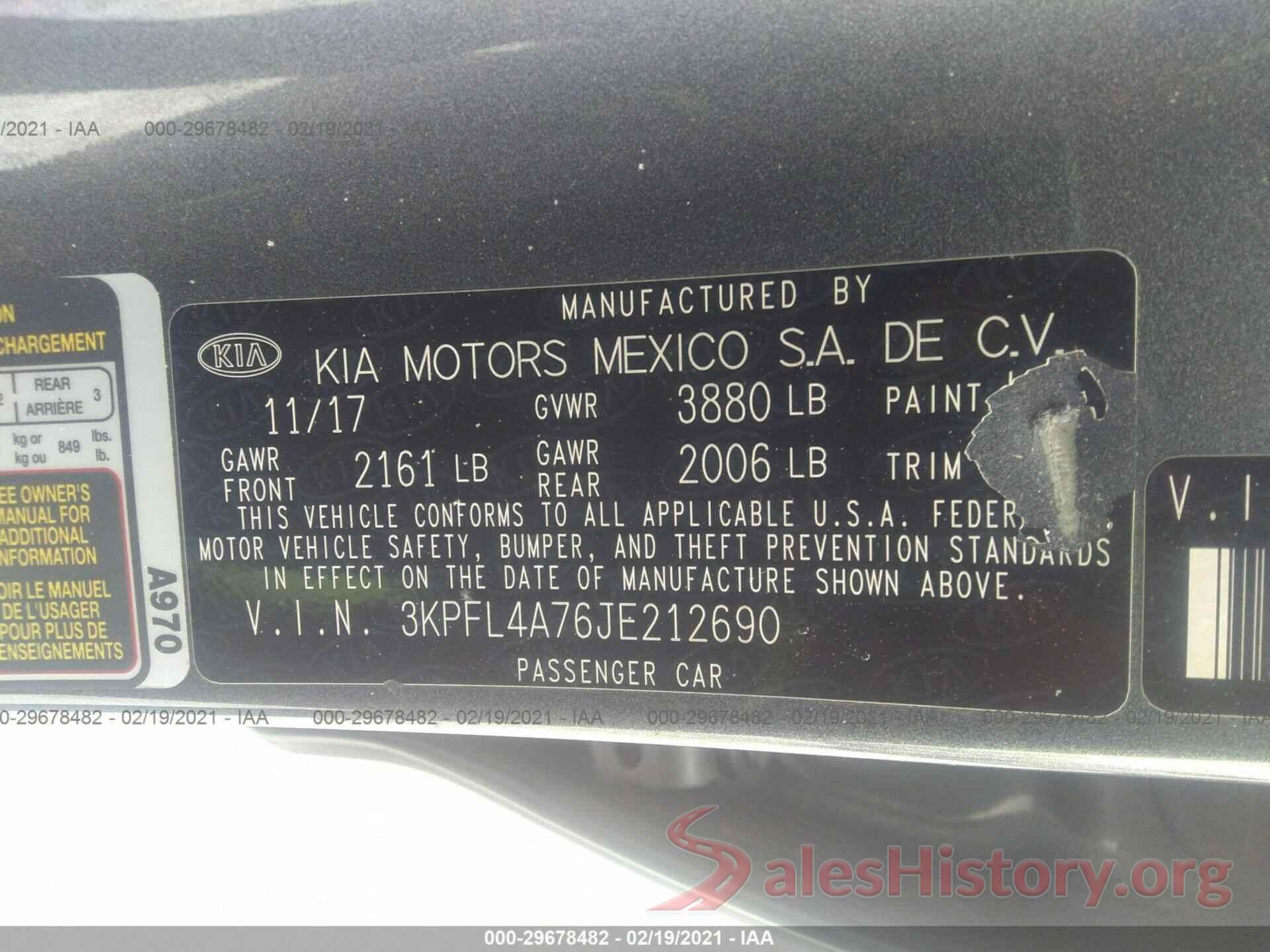 3KPFL4A76JE212690 2018 KIA FORTE