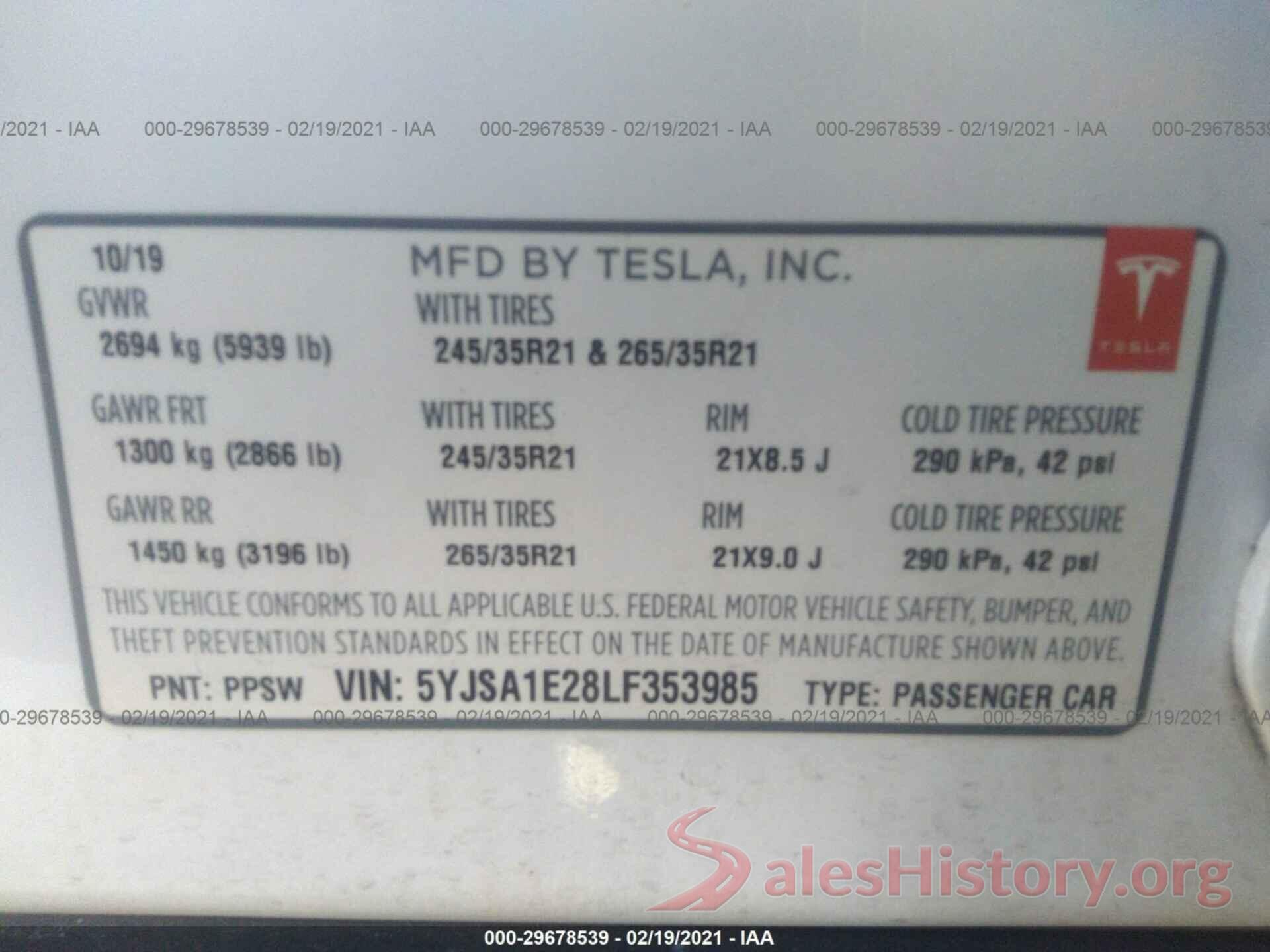 5YJSA1E28LF353985 2020 TESLA MODEL S