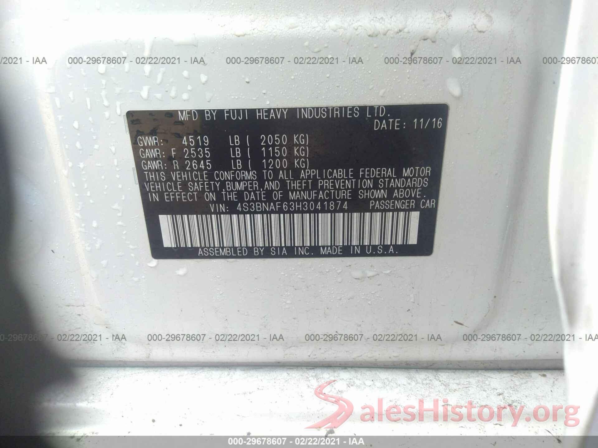 4S3BNAF63H3041874 2017 SUBARU LEGACY