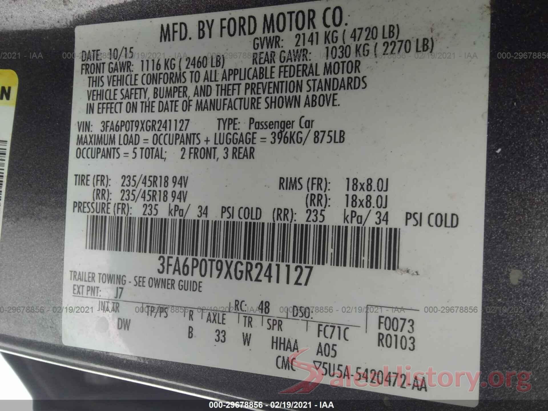 3FA6P0T9XGR241127 2016 FORD FUSION