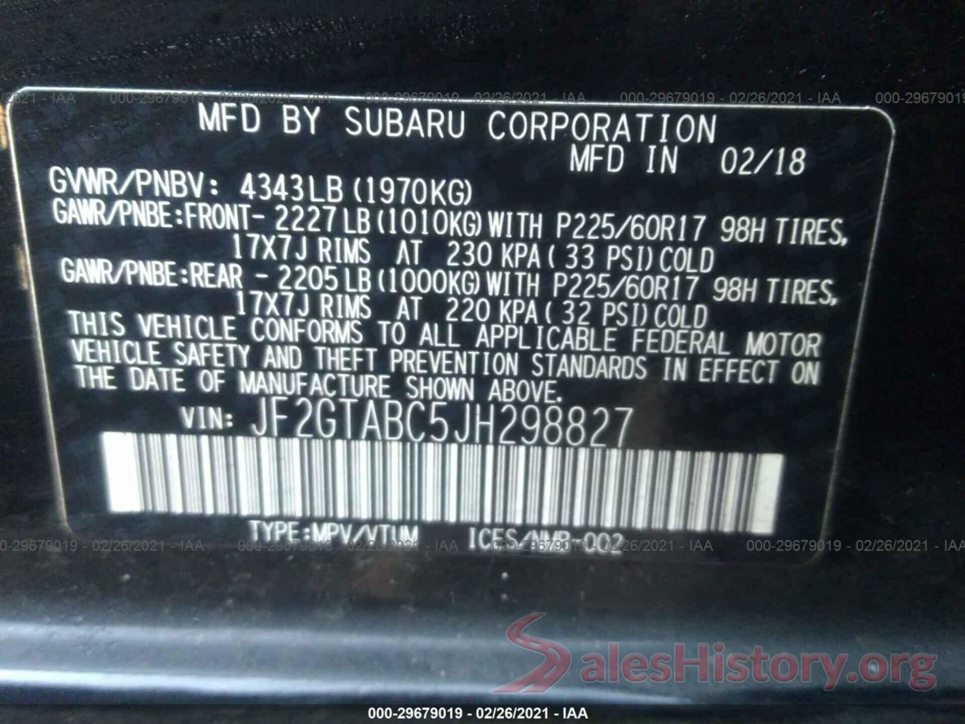 JF2GTABC5JH298827 2018 SUBARU CROSSTREK