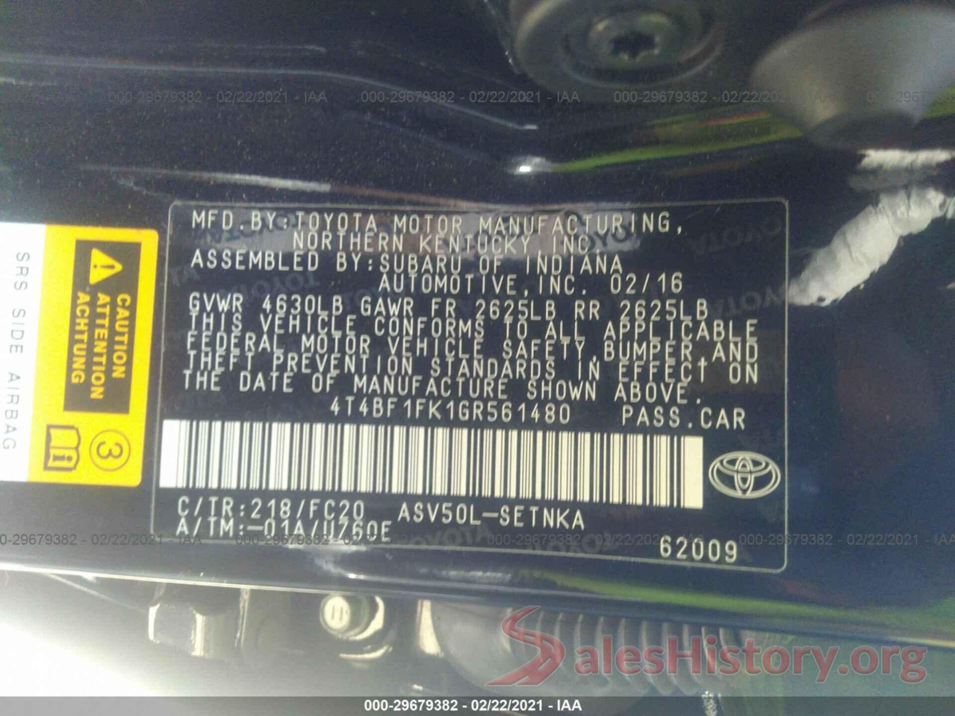 4T4BF1FK1GR561480 2016 TOYOTA CAMRY