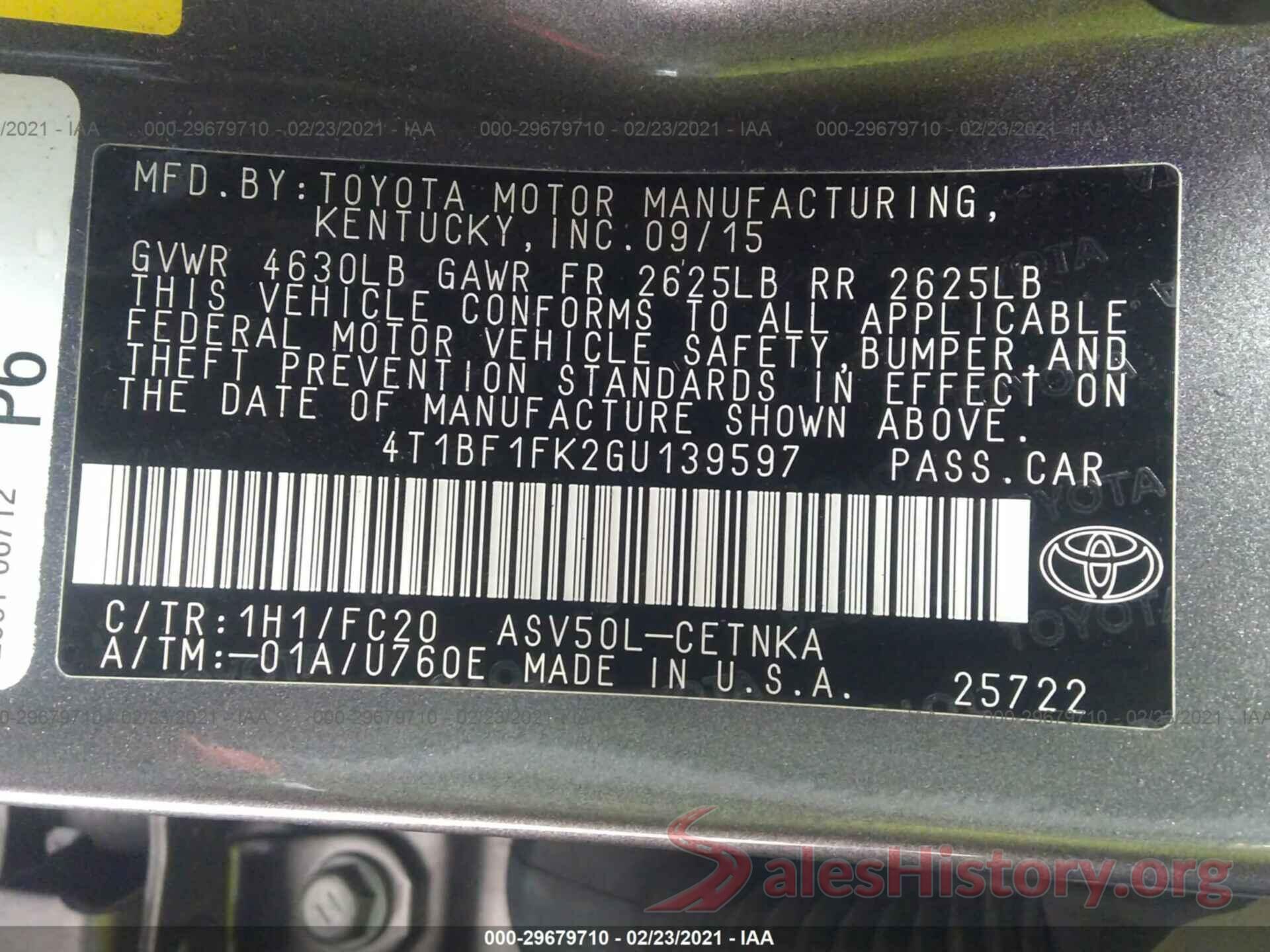 4T1BF1FK2GU139597 2016 TOYOTA CAMRY