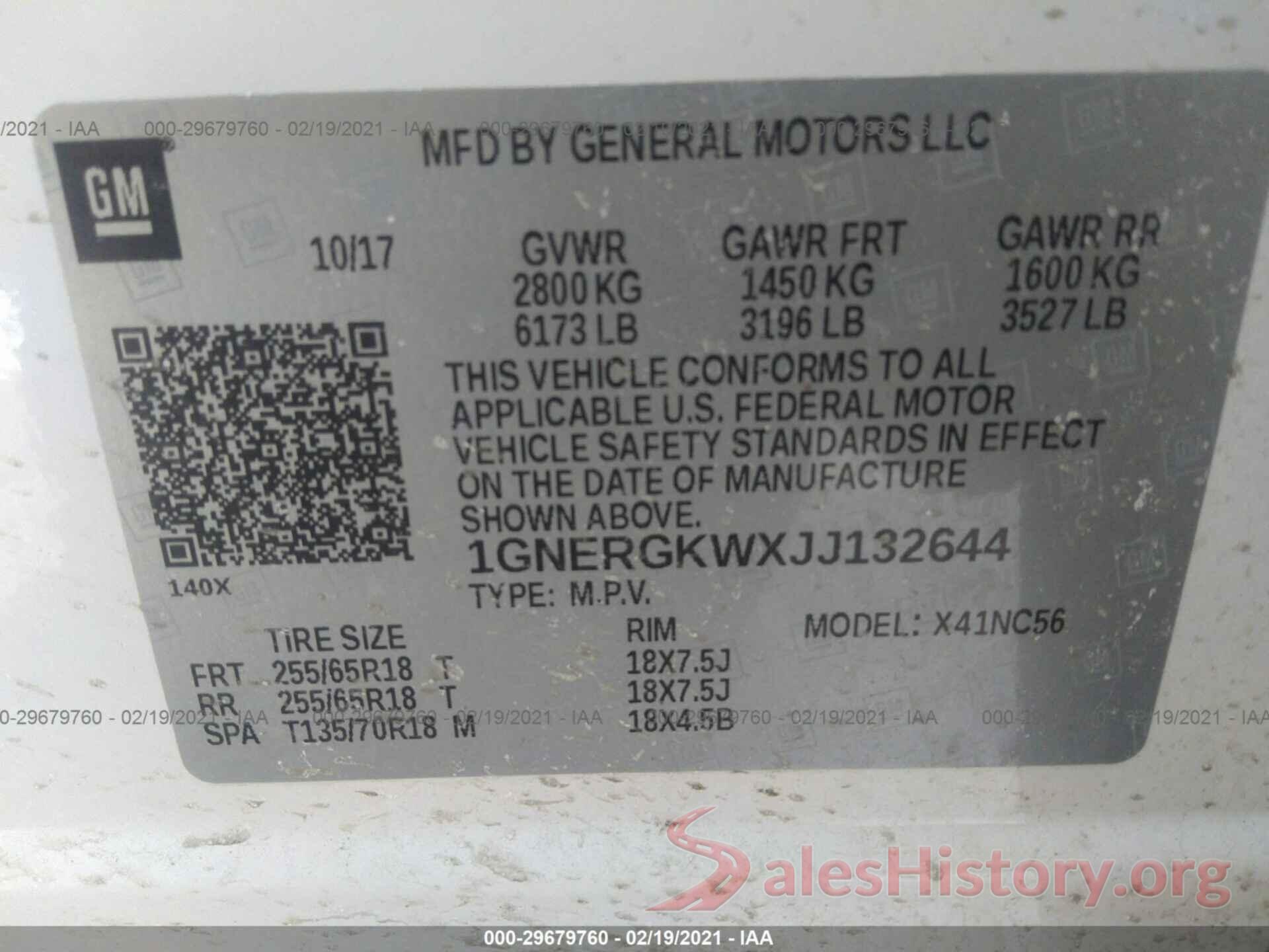 1GNERGKWXJJ132644 2018 CHEVROLET TRAVERSE