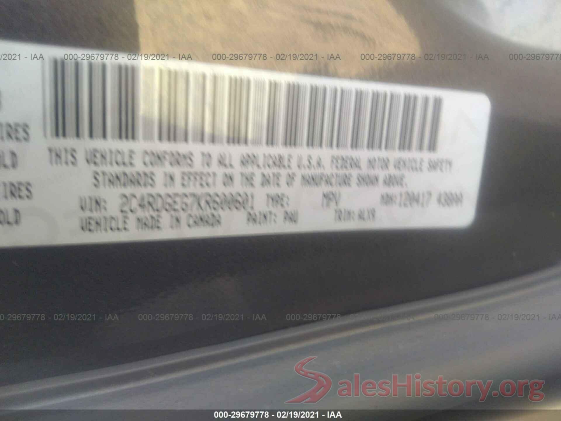 2C4RDGEG7KR600601 2019 DODGE GRAND CARAVAN